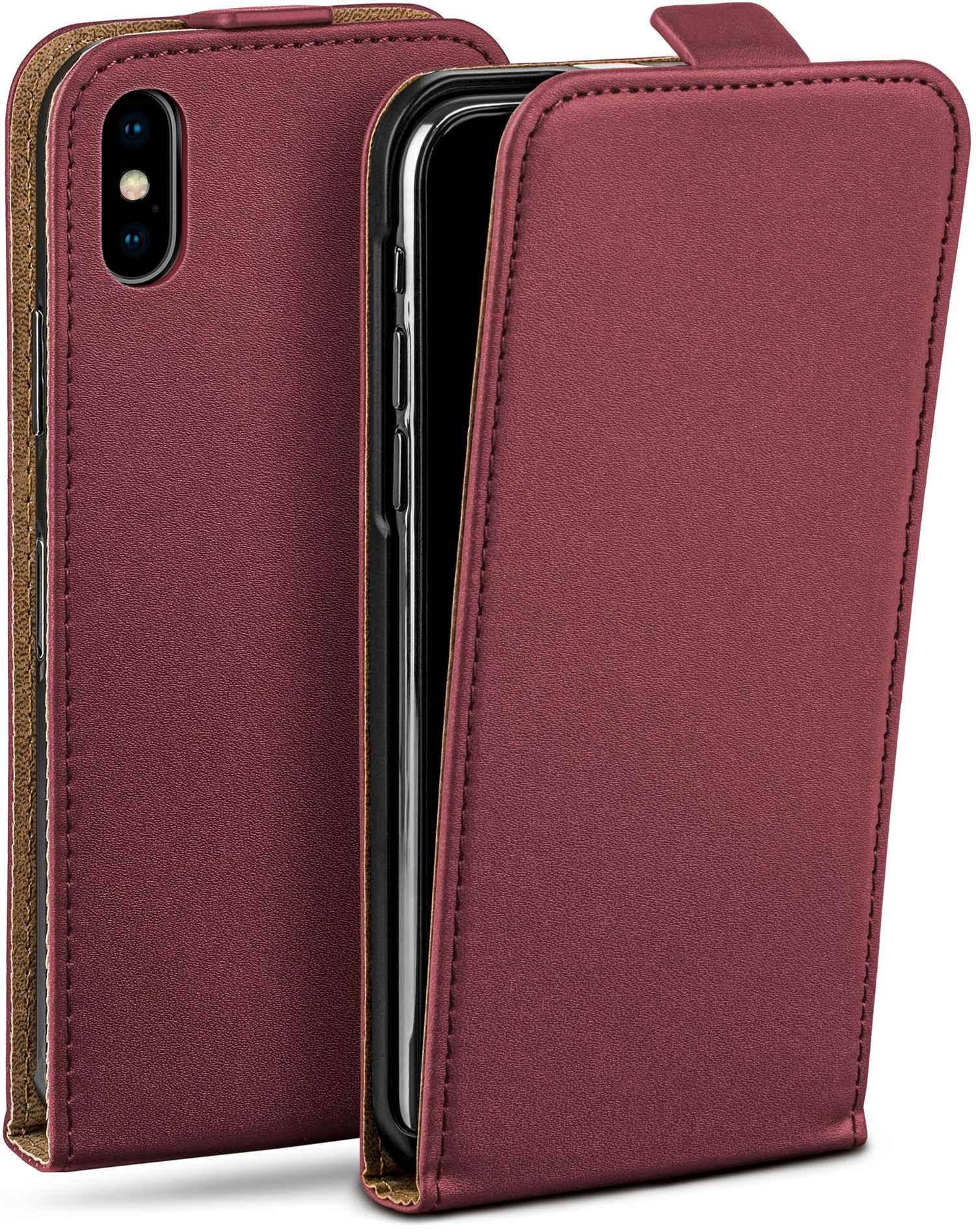 Burgunderfarbene Leder-Handyhülle, geöffnet, um das schwarze Telefon im Inneren zu zeigen. Weißer Hintergrund.