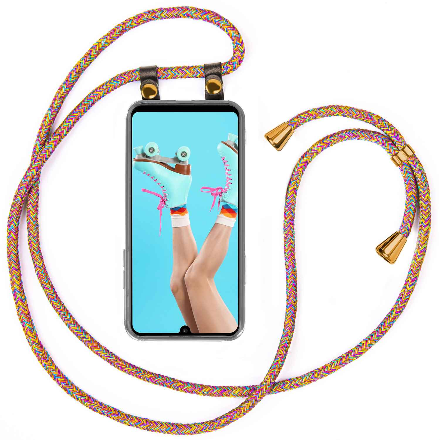 Telefon mit Rollschuhbild, buntes Schlüsselband. Weißer Hintergrund.