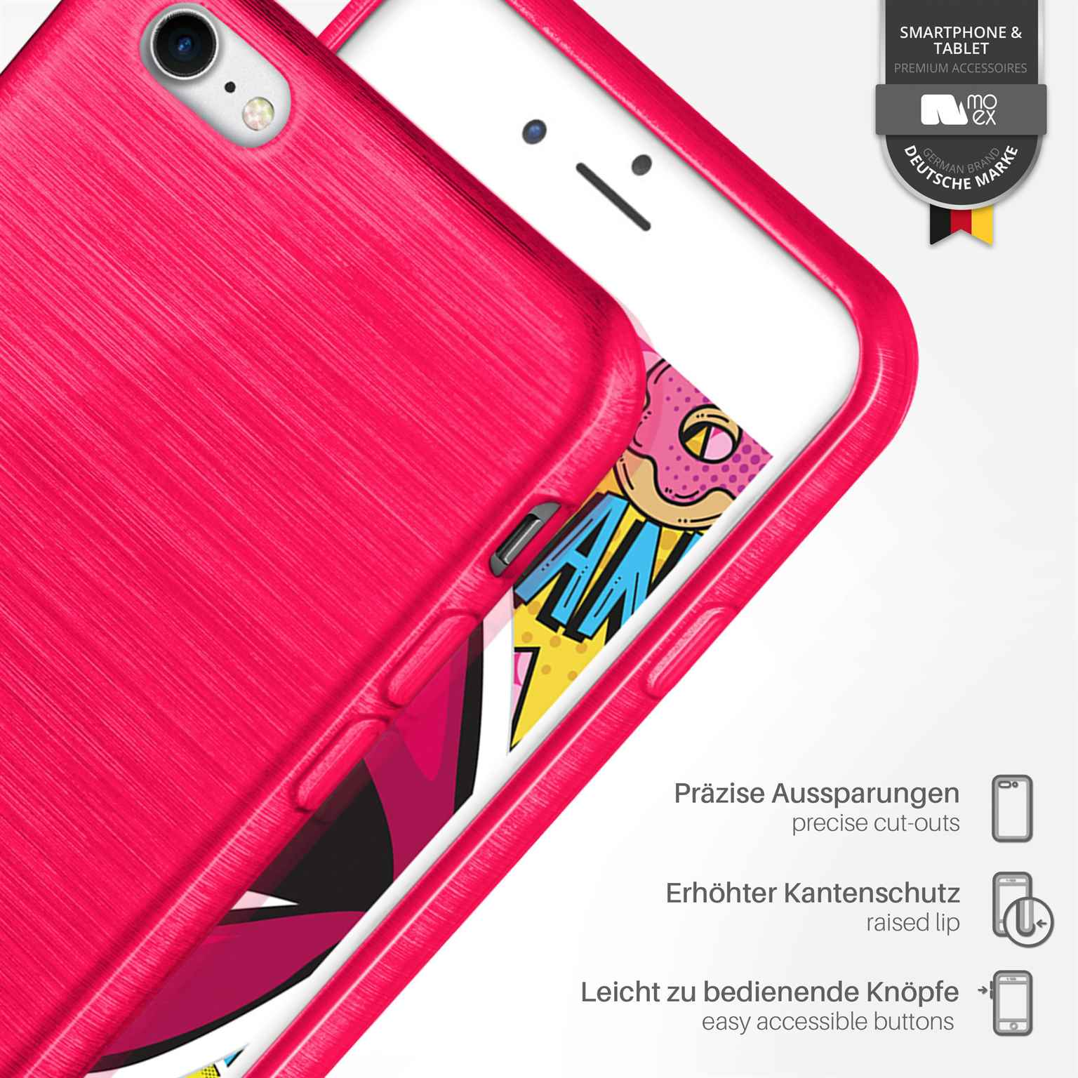 Eine Handyhülle mit pinkfarbenem Strukturbild, die ein Smartphone mit farbenfrohem Bildschirm zeigt.