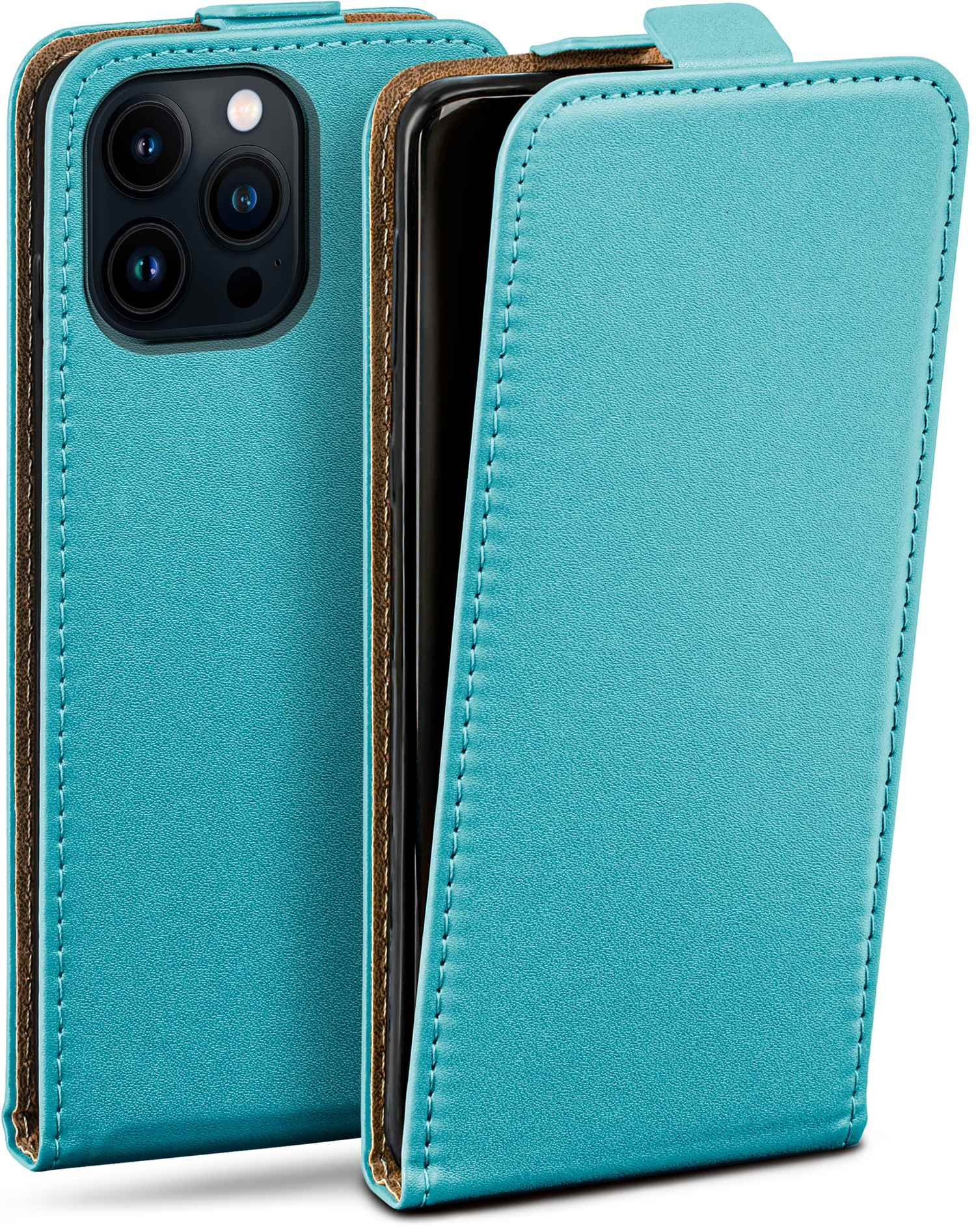 Eine türkisblaue Handyhülle mit Klappe, brauner Umrandung und einem Telefon darin. Der Hintergrund ist weiß.