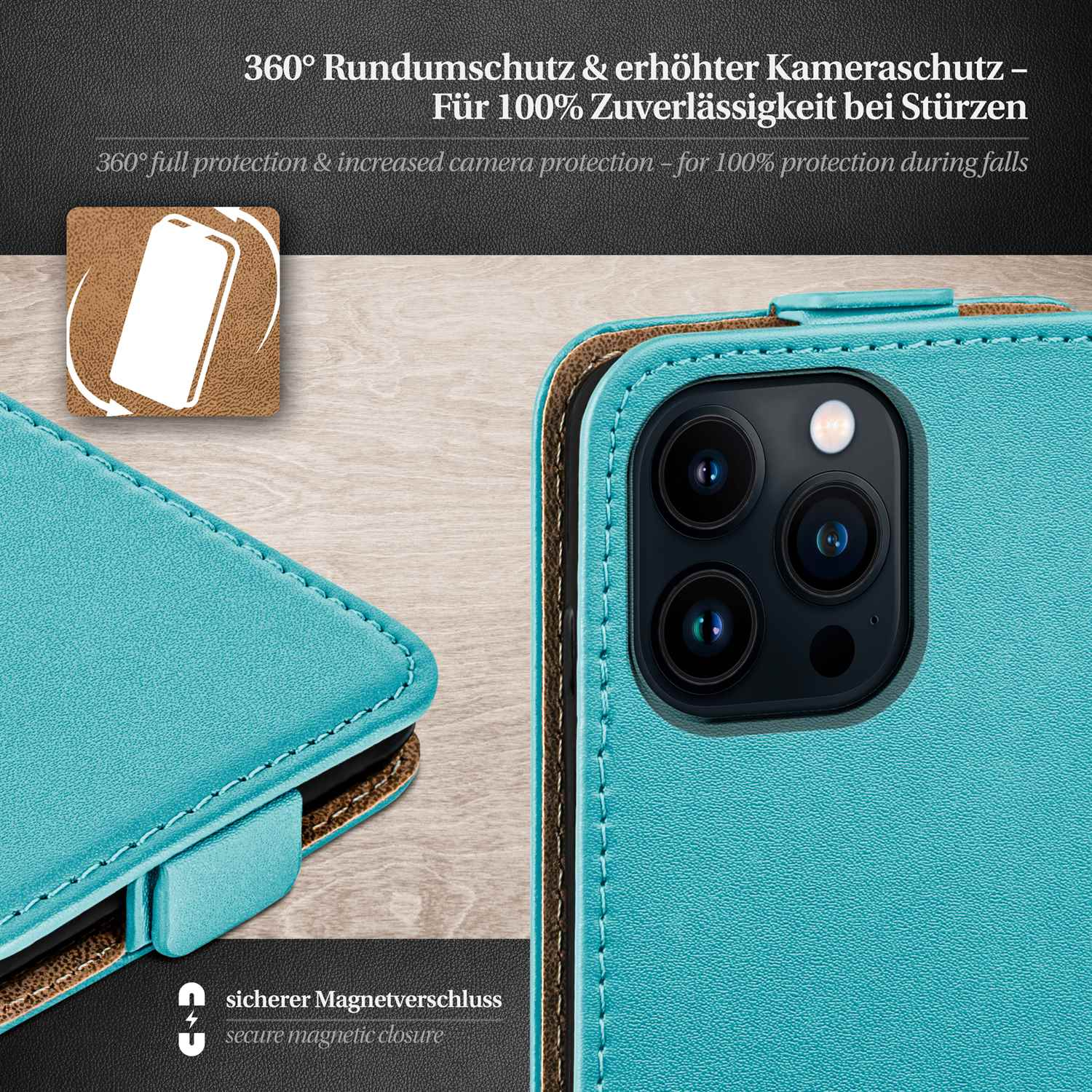 Blaue Handyhülle mit Telefon darin. Text über Schutz und sicheren Verschluss.