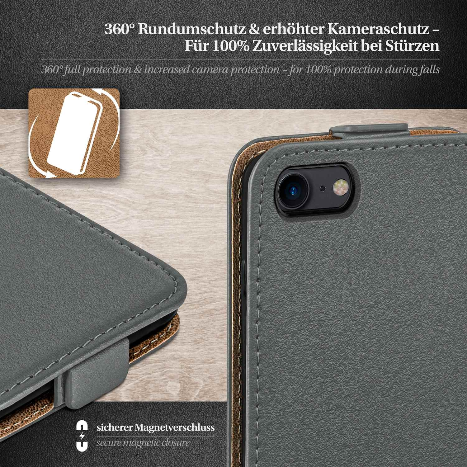 Eine graue Handyhülle mit schwarzer Kameralinse und Magnetverschluss. Der Text auf der Hülle lautet: „360° Rundumschutz“.