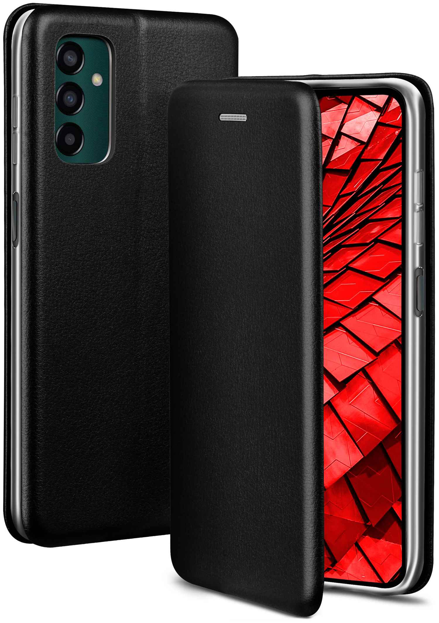 Schwarze Handyhülle, geschlossen und offen. Strukturiertes schwarzes Leder, roter geometrischer Hintergrund.