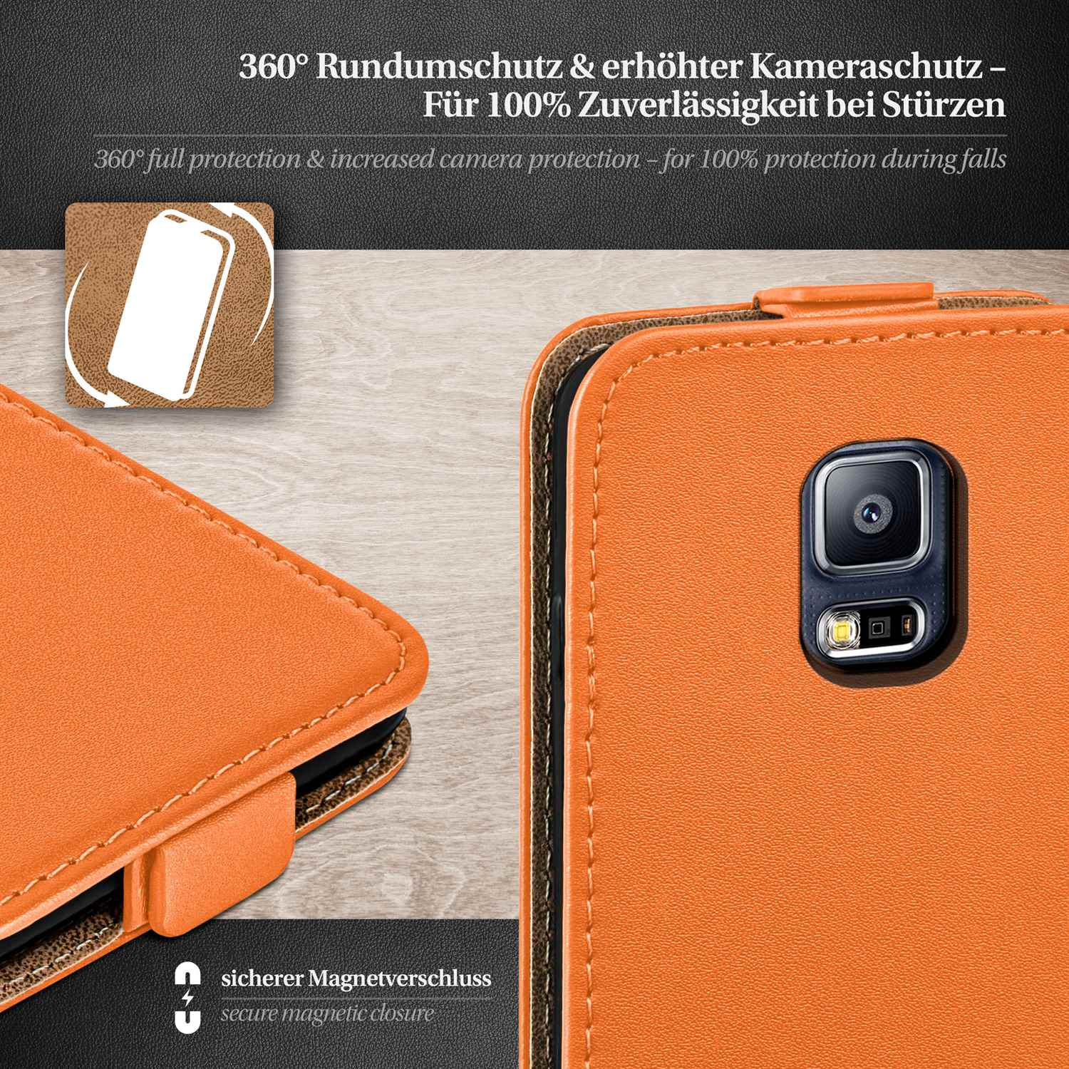 Nahaufnahme einer orangefarbenen Handyhülle. Es gibt einen sicheren Magnetverschluss zum Schutz.