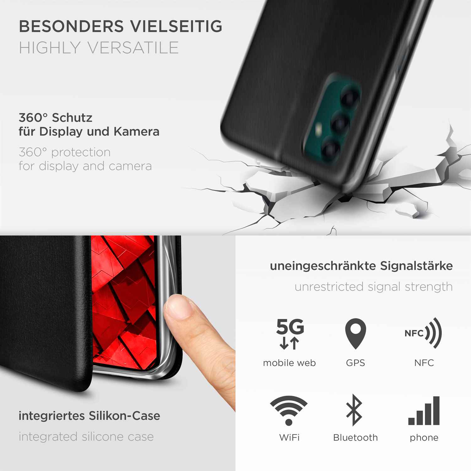 Schwarze Handyhülle mit Telefon. Text: 360° Schutz für Display und Kamera, uneingeschränkte Signalstärke.