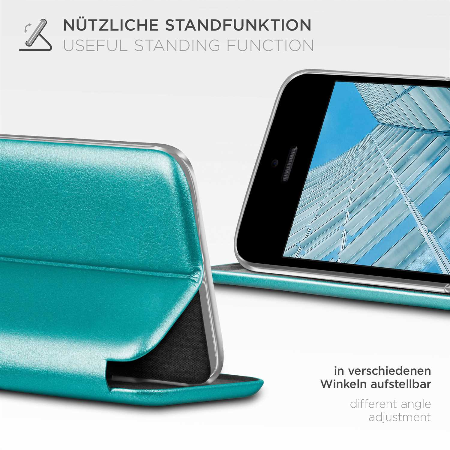 Türkisfarbene Handyhülle mit Telefon. Die Hülle ist abgewinkelt, der Text lautet 'verschiedene Winkeleinstellung'.