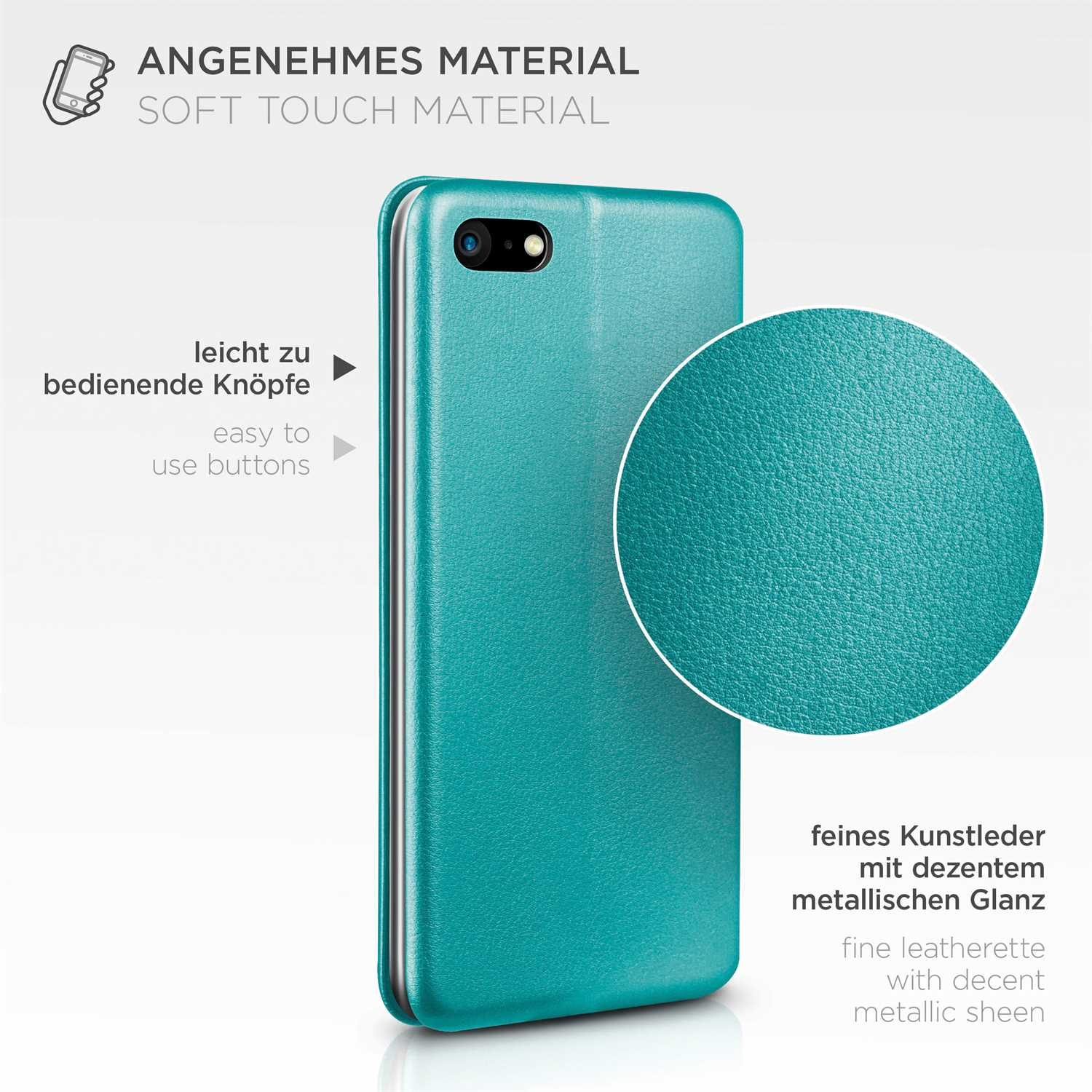 Eine türkisfarbene Handyhülle. Die Hülle hat eine Soft-Touch-Oberfläche und benutzerfreundliche Tasten.