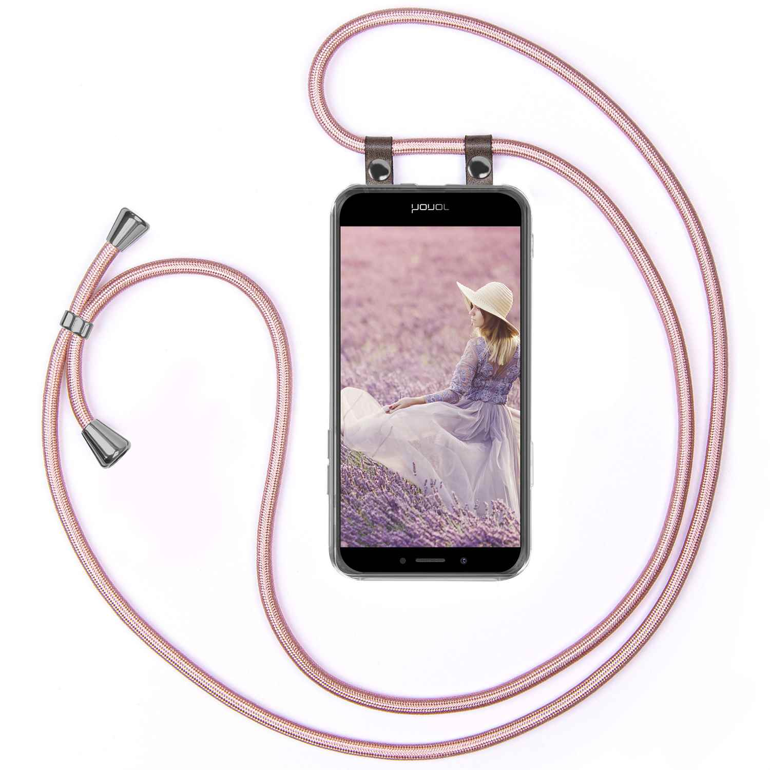 Telefon in einer Hülle mit rosa Kordel, zeigt eine Frau in weißem Kleid in einem Lavendelfeld.