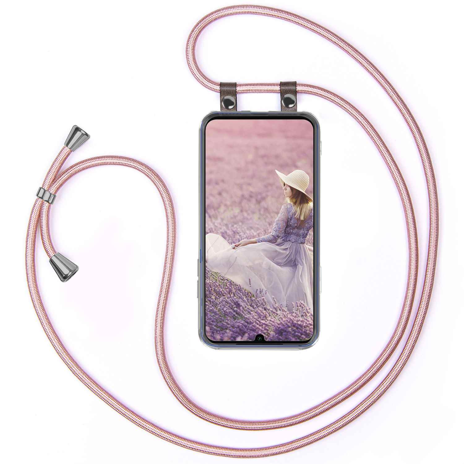 Telefon mit Frau im Lavendelfeld. Rosa Seil. Frau mit Hut, weißem Kleid. Lila Blumen. Transparente Hülle.