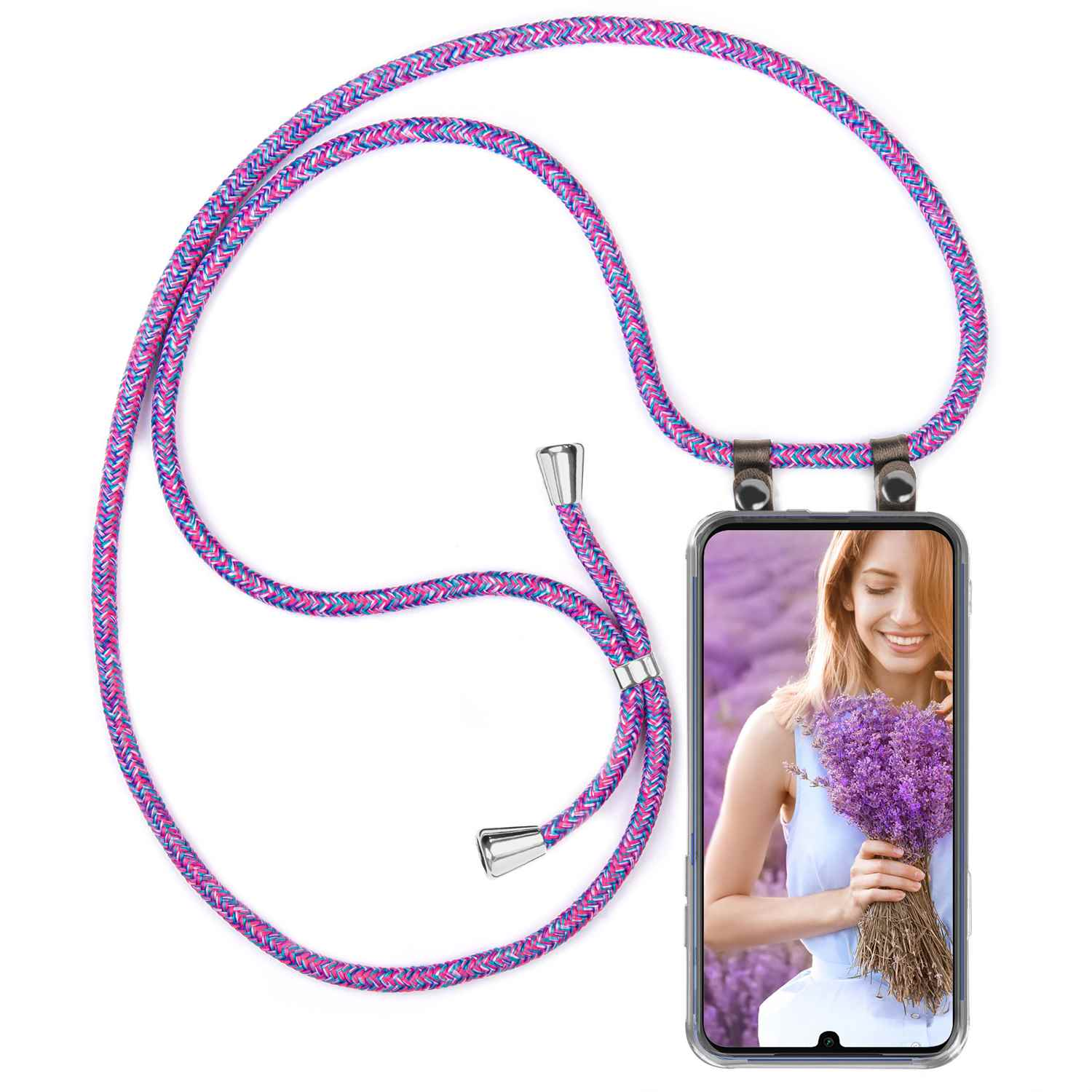 Telefon mit Dame, die Blumen hält, lila und blaues Schlüsselband. Weißer Hintergrund.