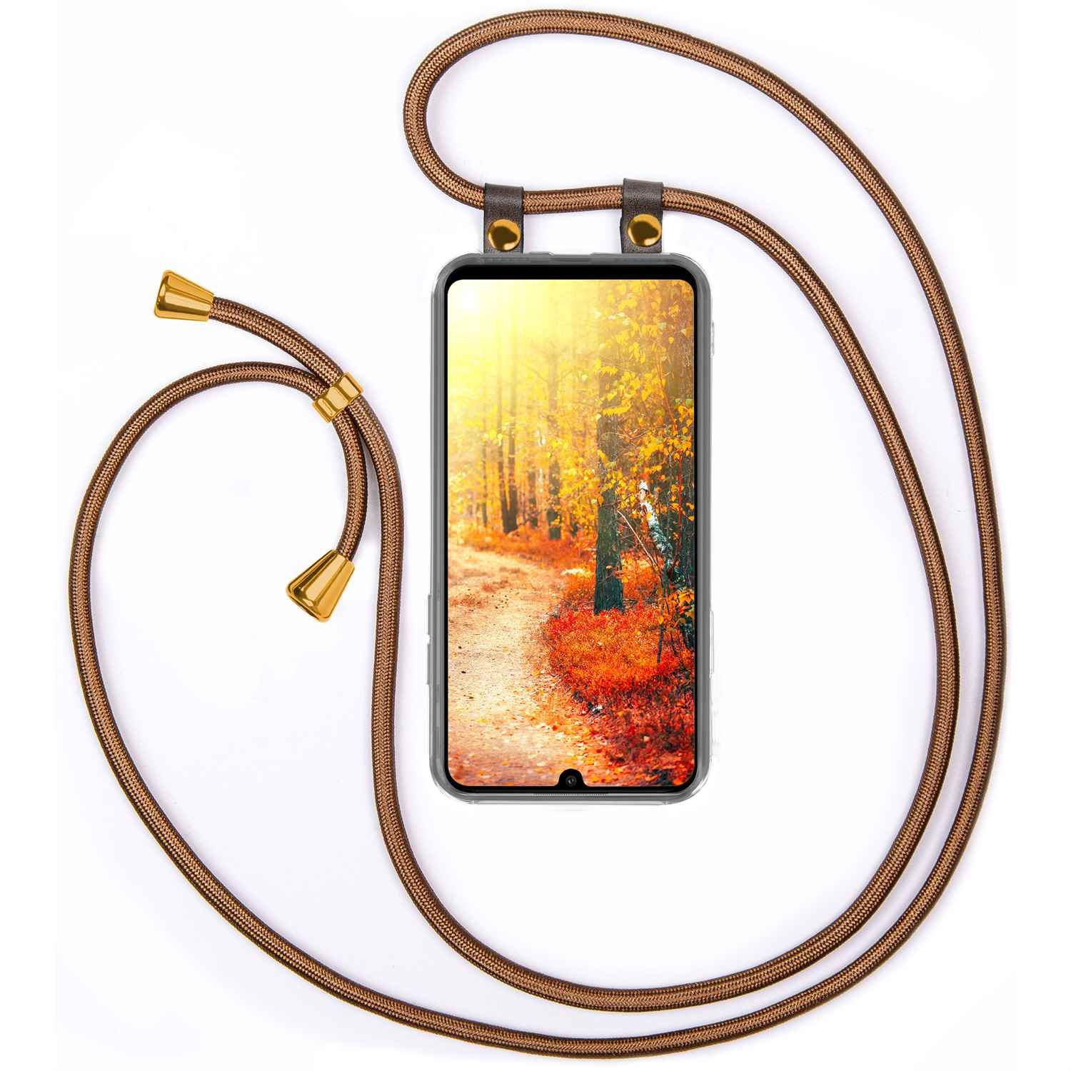 Telefon mit braunem Riemen, Herbstwald auf dem Bildschirm. Braune Kordel mit goldenen Enden.