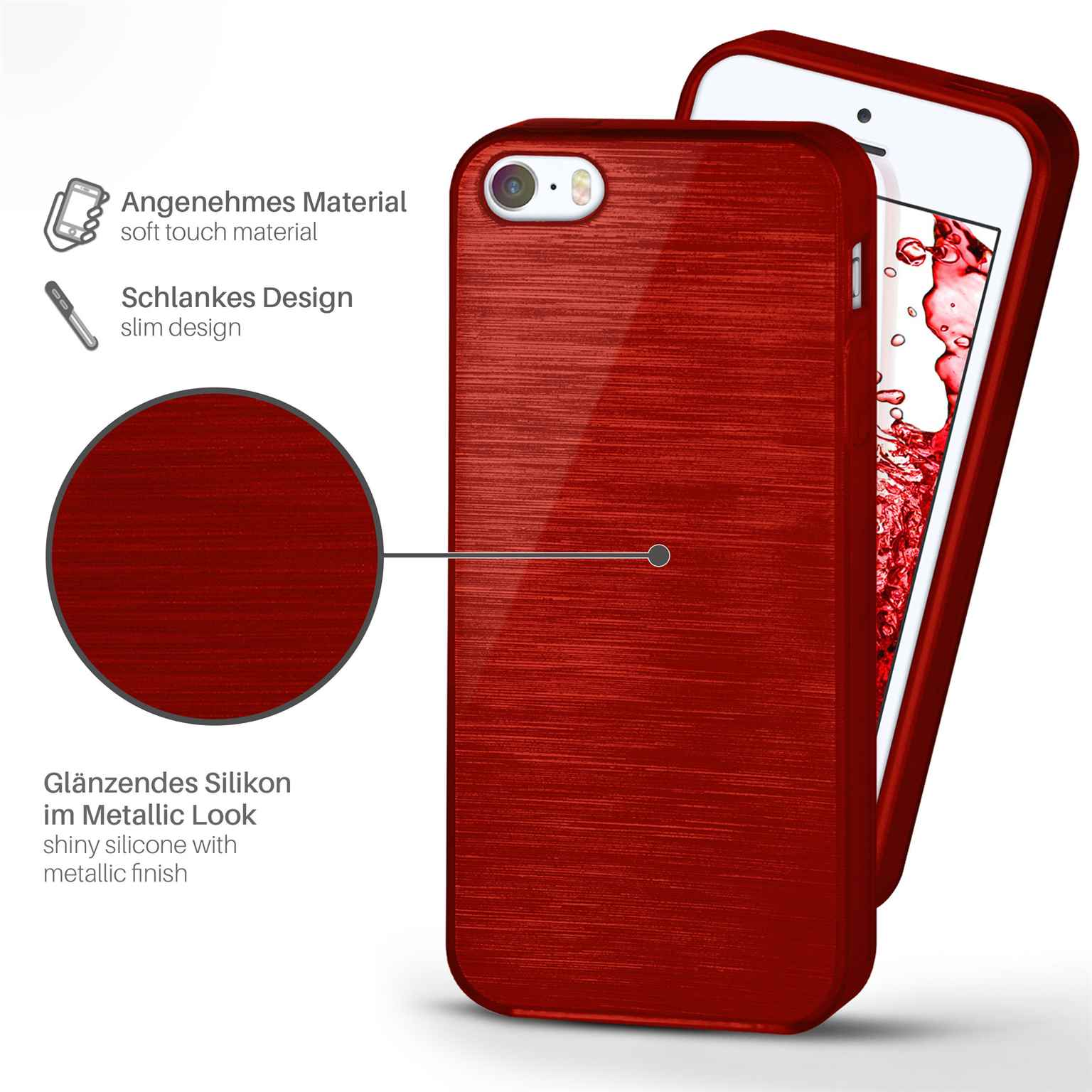 Rote Handyhülle mit Metallic-Finish. Textdetails: schlankes Design und glänzendes Silikonmaterial.