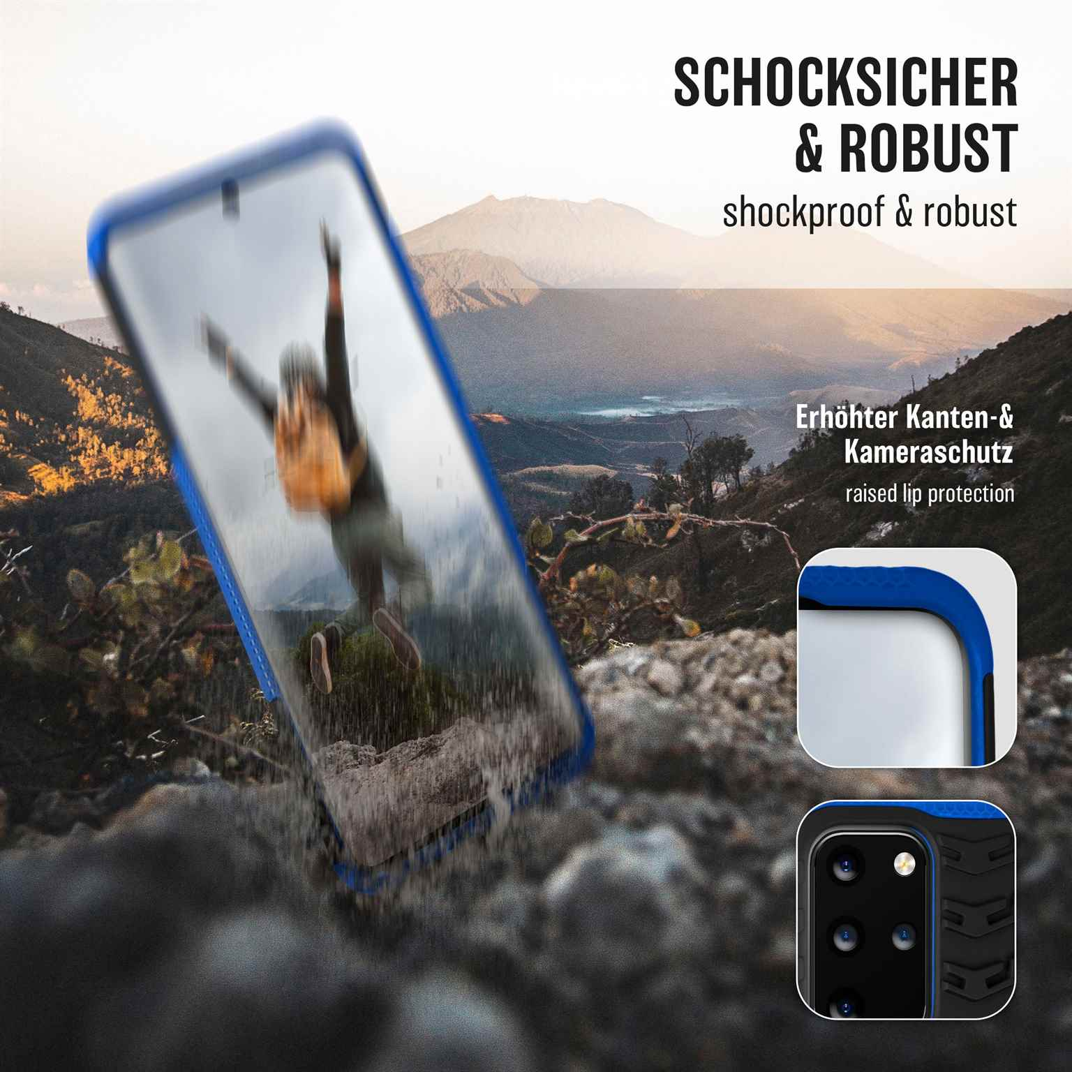 Blaue Handyhülle mit Telefon. Stoßfest und robust. Erhöhter Kantenschutz.