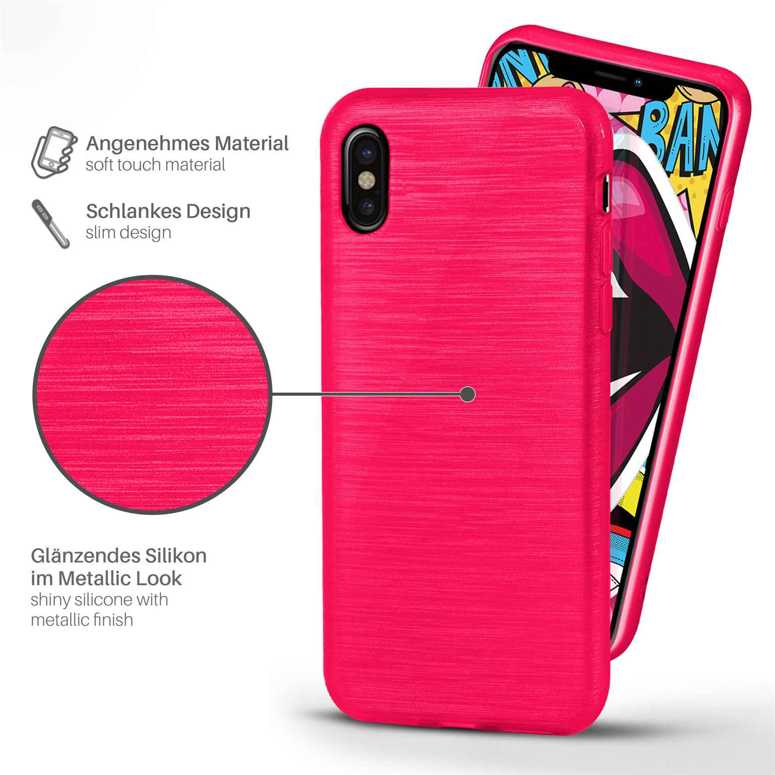Eine rote Handyhülle mit Metallic-Finish. Das Telefon befindet sich in der Hülle.