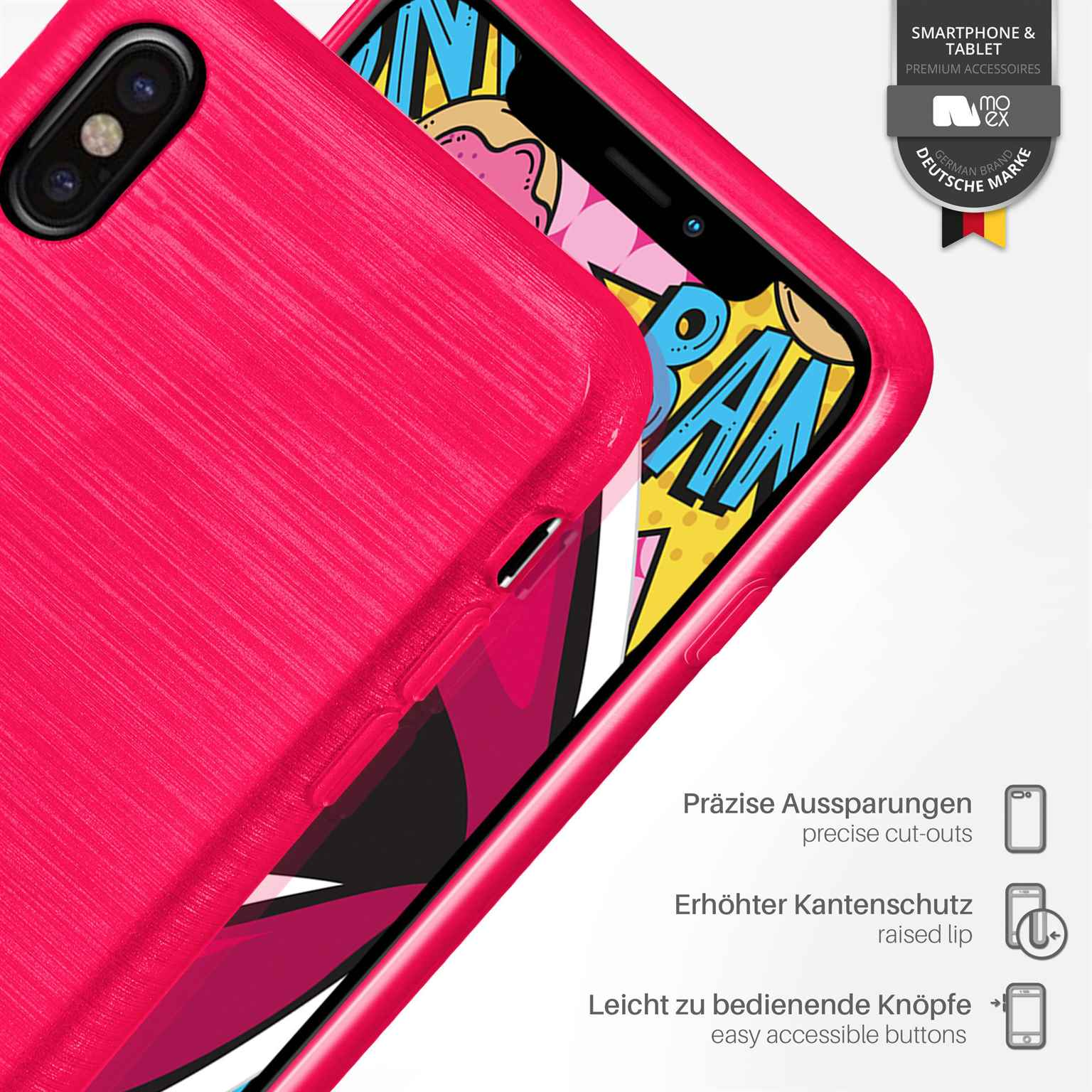 Eine pinke Handyhülle wird gezeigt. Text sagt 'präzise Aussparungen'. Ein Telefon ist in der Hülle.