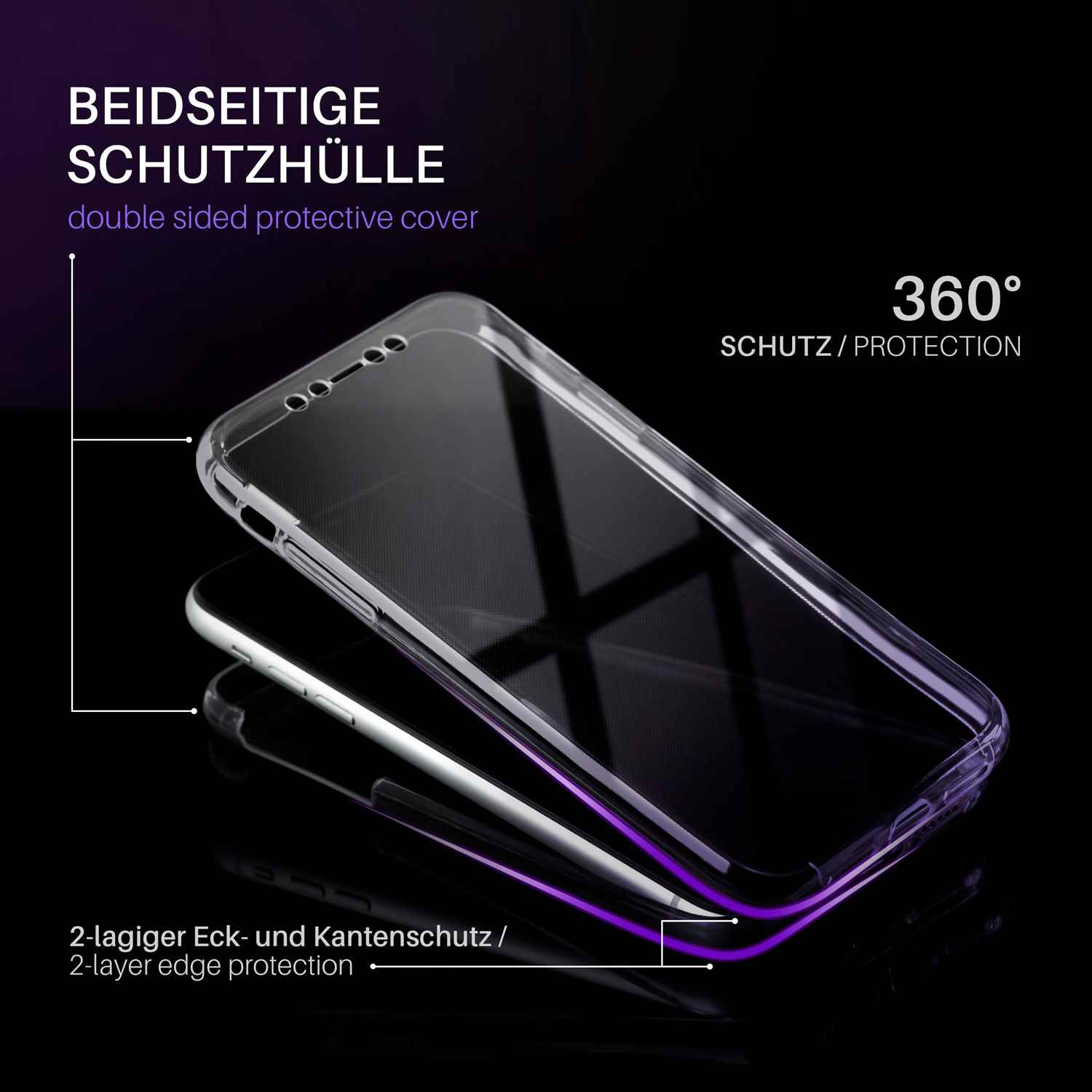 Eine transparente Handyhülle mit lila Umriss. Die Hülle befindet sich auf einer dunklen Oberfläche mit einem 360-Grad-Schutzlabel.