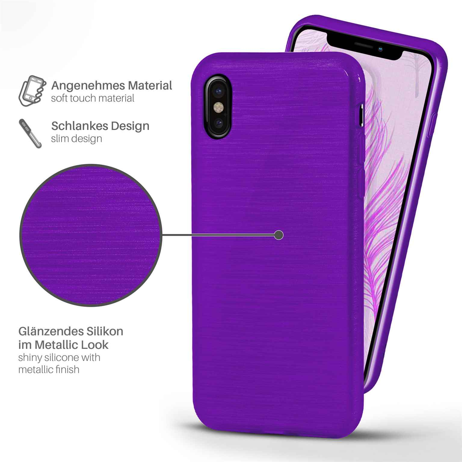 Lila Handyhülle mit Telefon, Text über Material und Design.