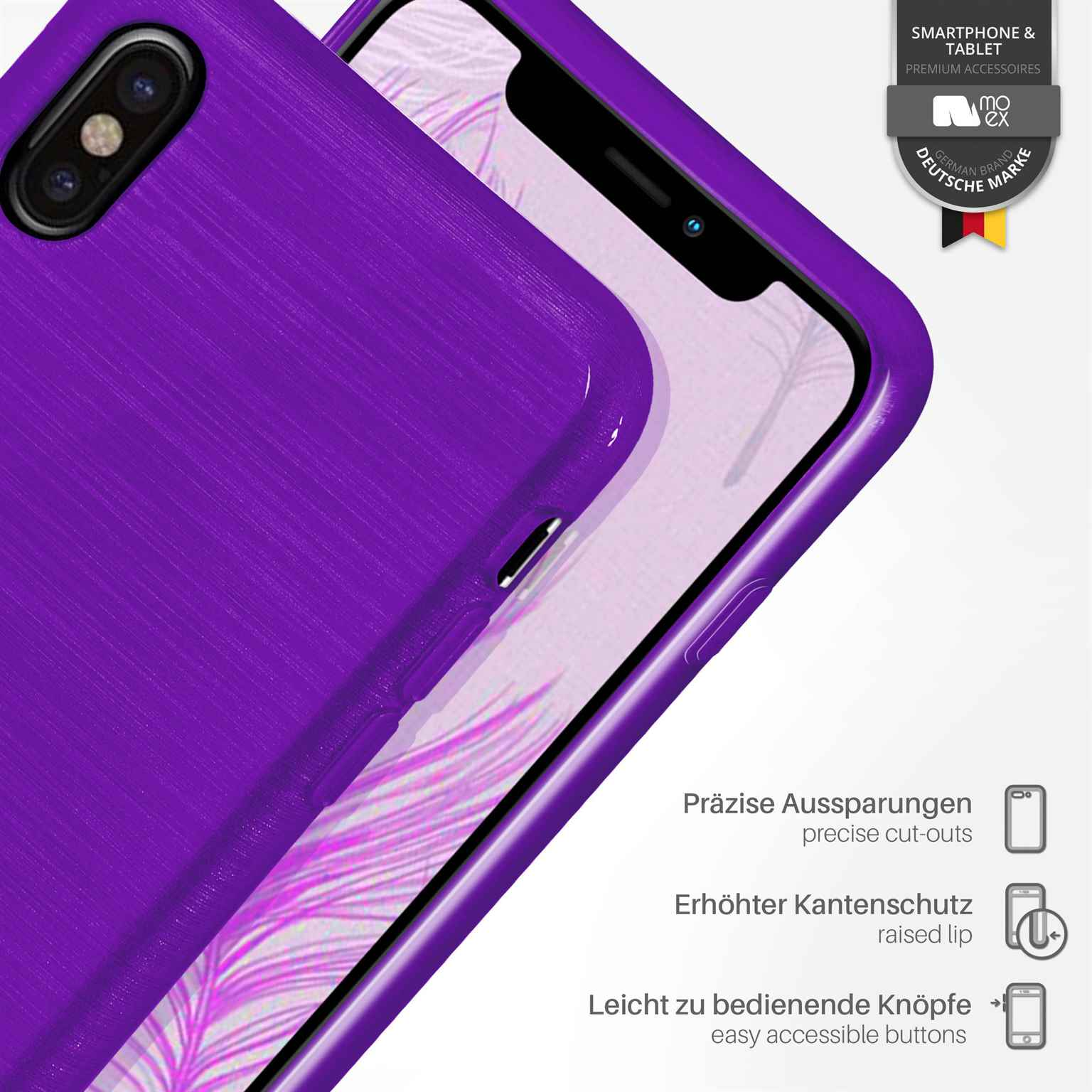 Lila Handyhülle. Text: Präzise Aussparungen, erhöhter Kantenschutz und leicht zu bedienende Knöpfe.