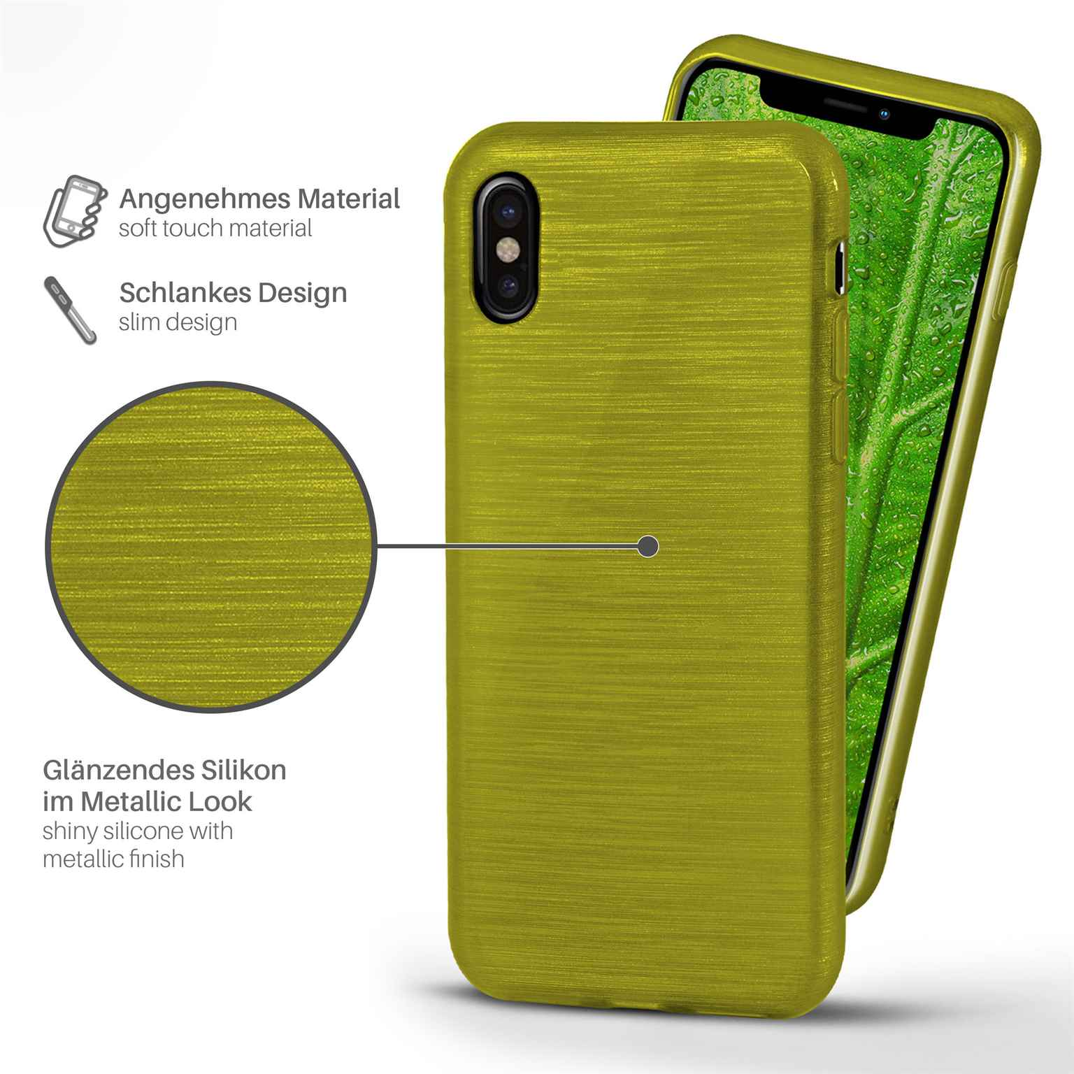 Grüne Handyhülle mit Metallic-Look, Nahaufnahme mit Text.
