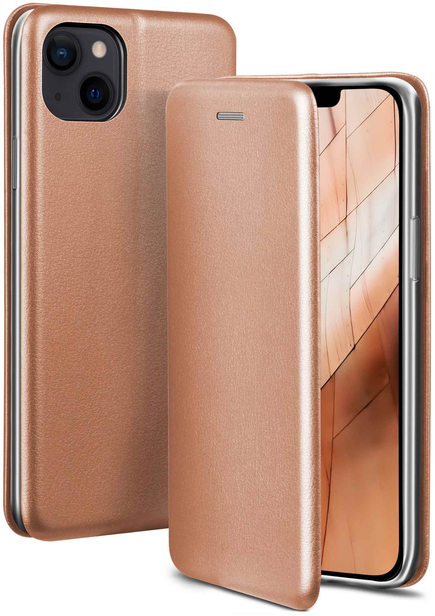 Handyhülle mit Telefon, braunes lederartiges Material, auf weißem Hintergrund.