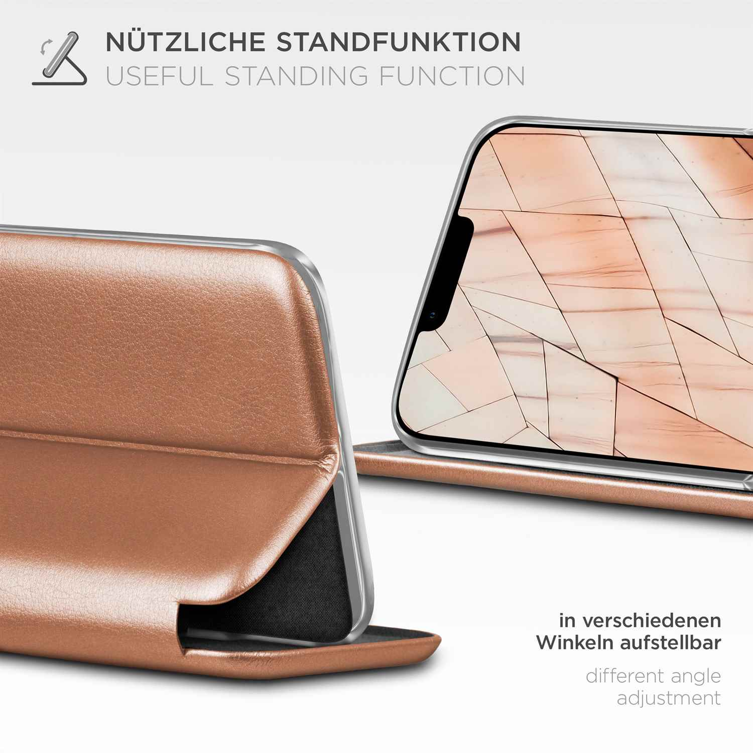 Handyhülle in verschiedenen Winkeln mit Text: Nützliche Standfunktion.