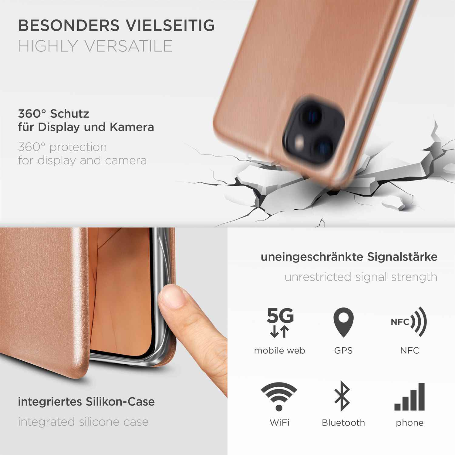 Handyhülle in Hellbraun mit goldenem Telefon. Zeigt 5G-, GPS-, NFC-, WLAN- und Bluetooth-Symbole.