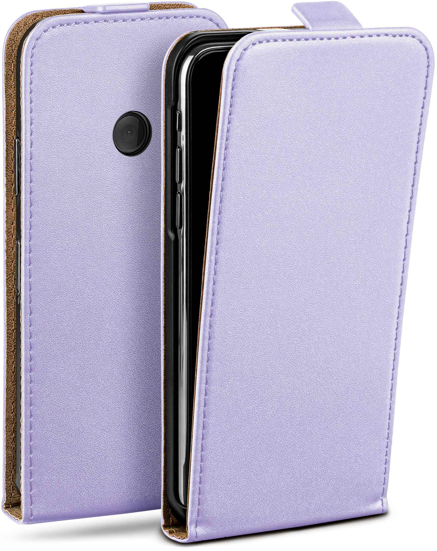 Eine Handyhülle in lila Farbe. Die Hülle ist teilweise geöffnet. Das Telefon ist sichtbar.