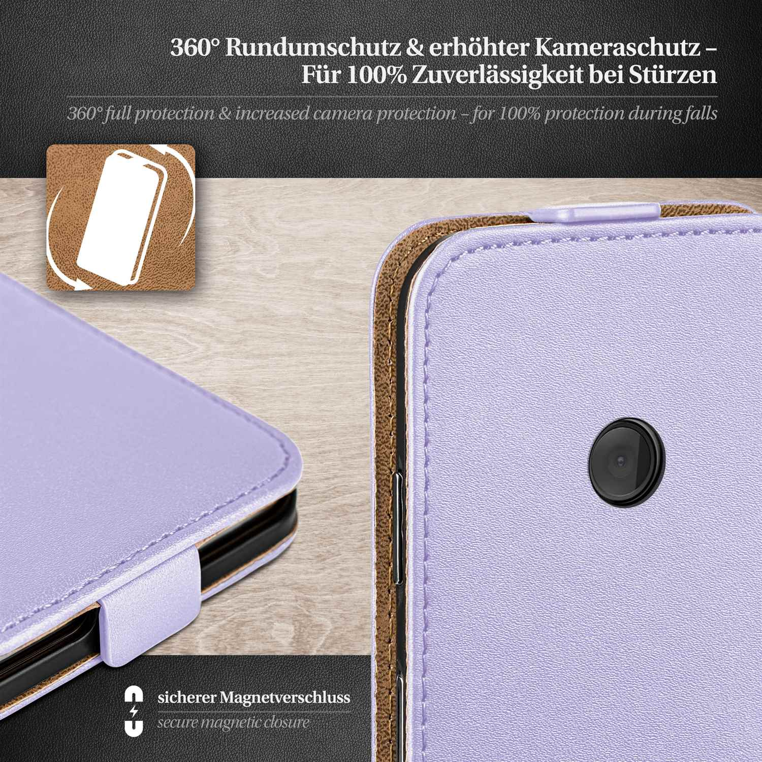 Eine lila Handyhülle mit schwarzem Kameraring und Magnetverschluss. Text hebt 360° Schutz hervor.