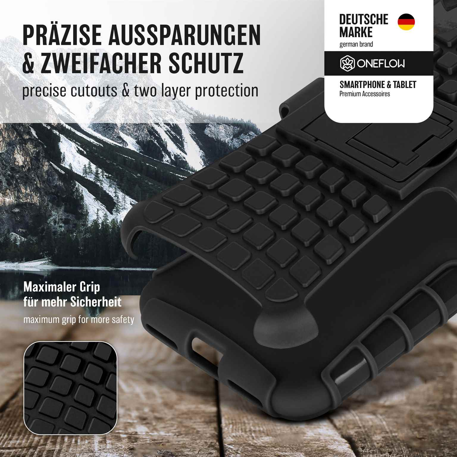 Schwarze Handyhülle mit Text 'Präzise Aussparungen & Zweifacher Schutz' und Logos.