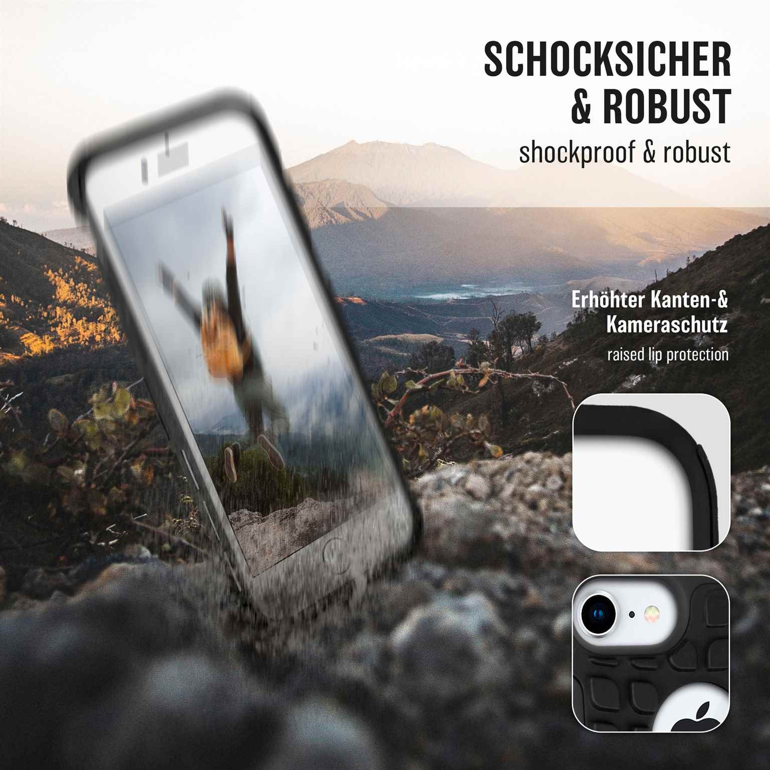 Telefon im Case, Bild von springender Person, Berge im Hintergrund.
