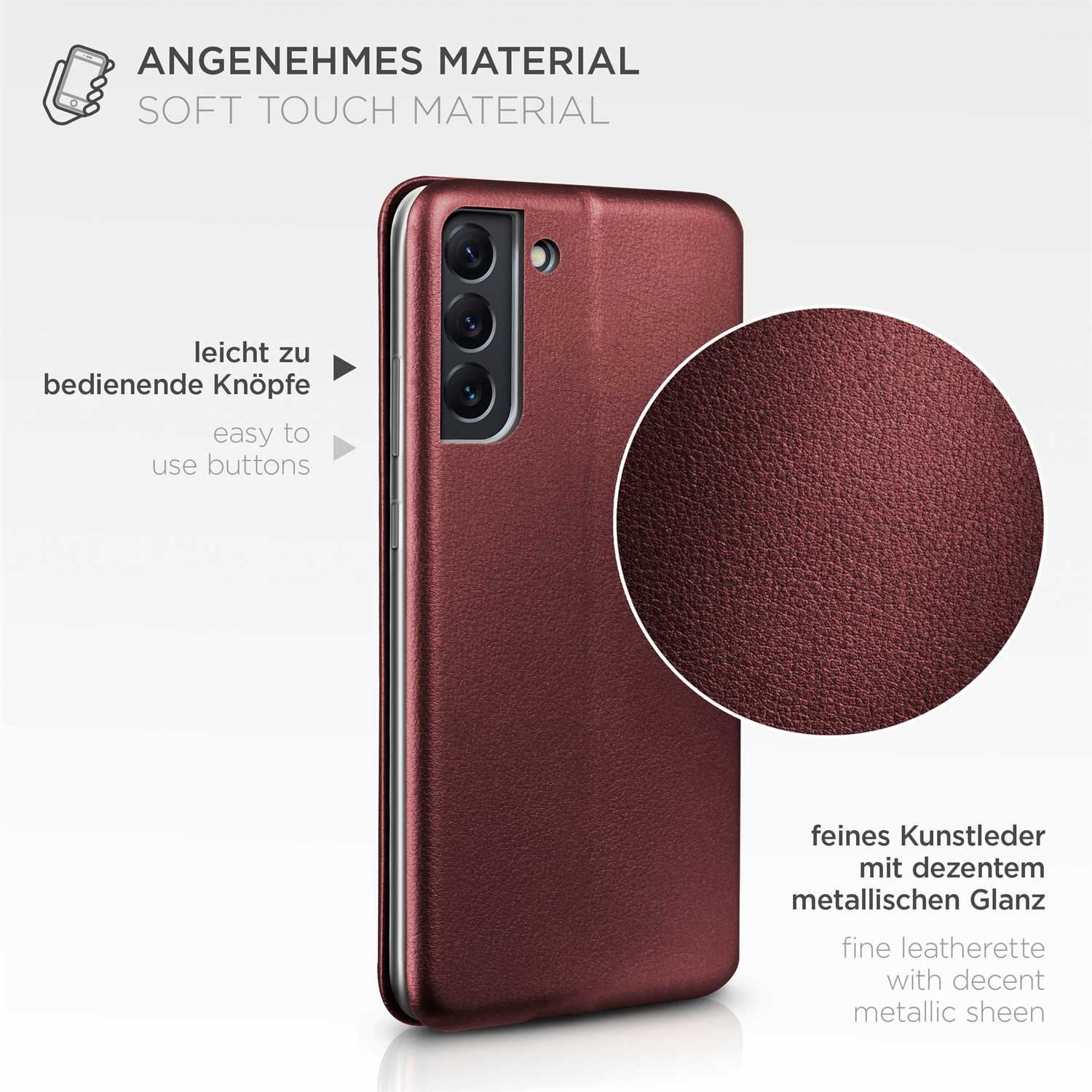 Burgunderfarbene Handyhülle. Nahaufnahme der Lederstruktur. Rotes Telefon. Schwarze Knöpfe. Beiger Hintergrund.