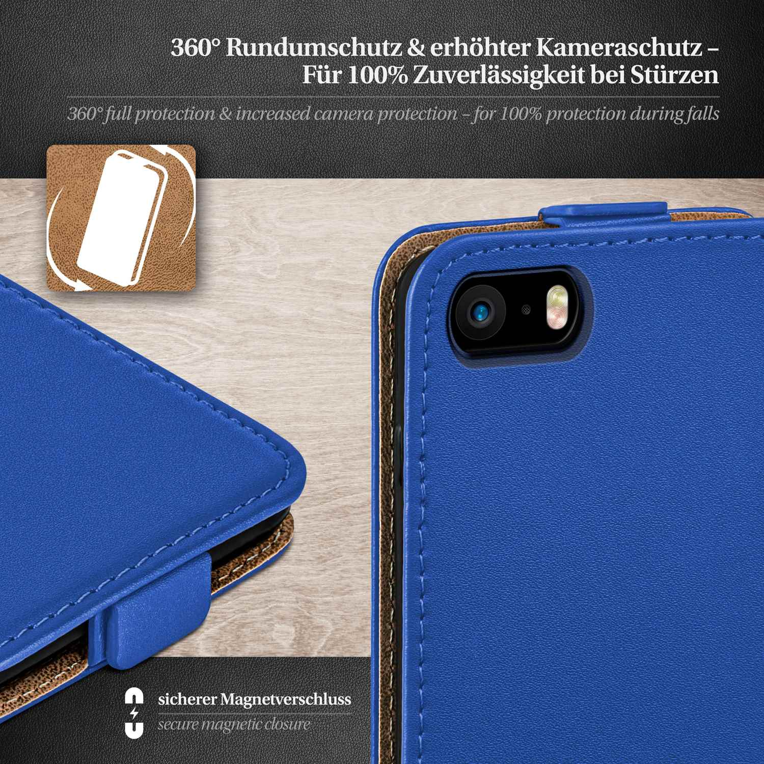 Blaue Handyhülle mit Text, zeigt sicheren Magnetverschluss und 360° Schutz.