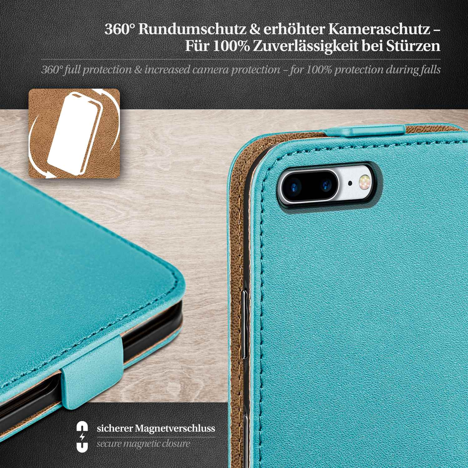 Blaue Handyhülle mit Text über Schutz und sicheren Magnetverschluss.
