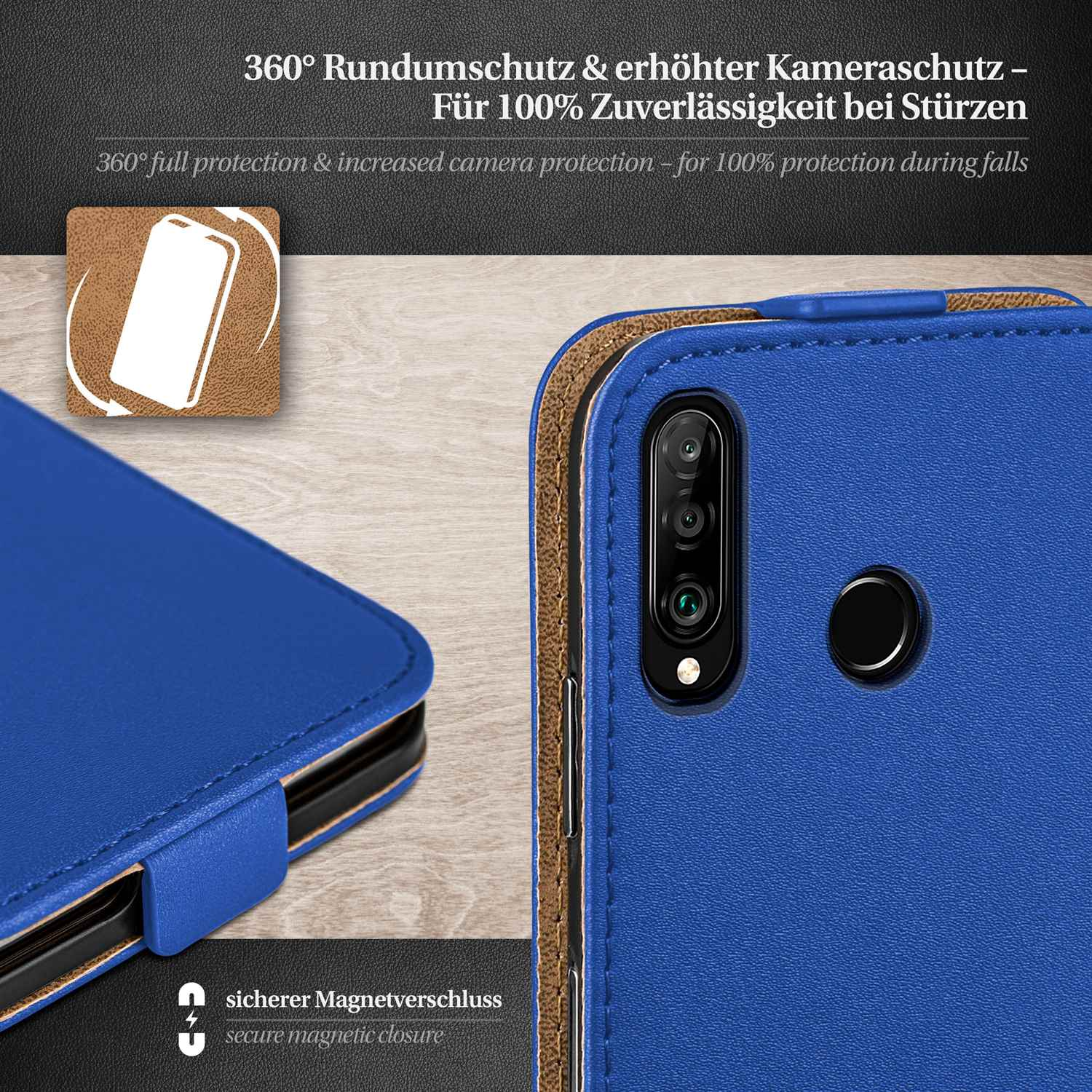 Blaue Handyhülle mit blauem Cover. Text: 360° Schutz und Magnetverschluss.