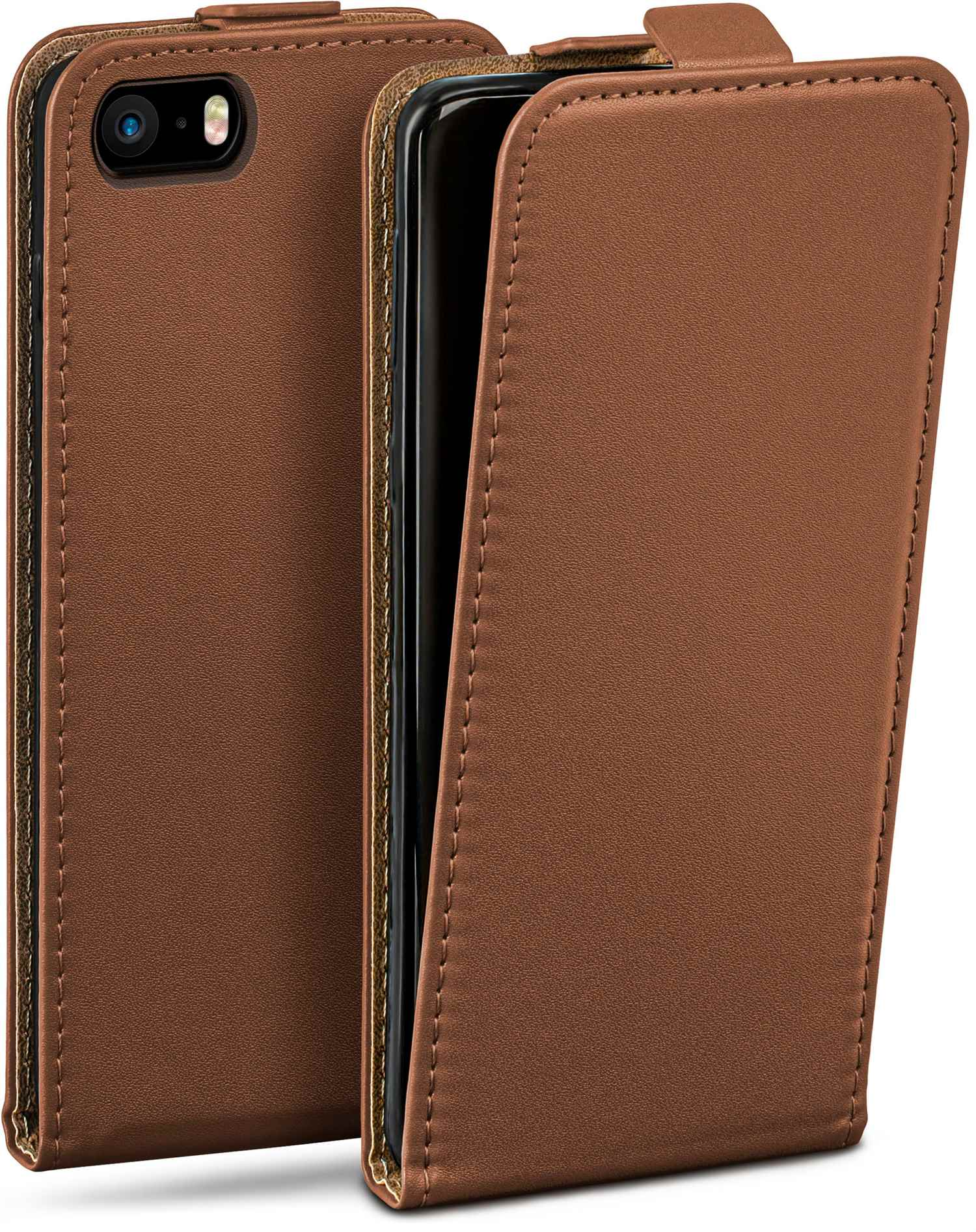 Braune Leder-Handyhülle, geöffnet, um ein schwarzes Telefon zu zeigen. Stichdetails sind sichtbar.