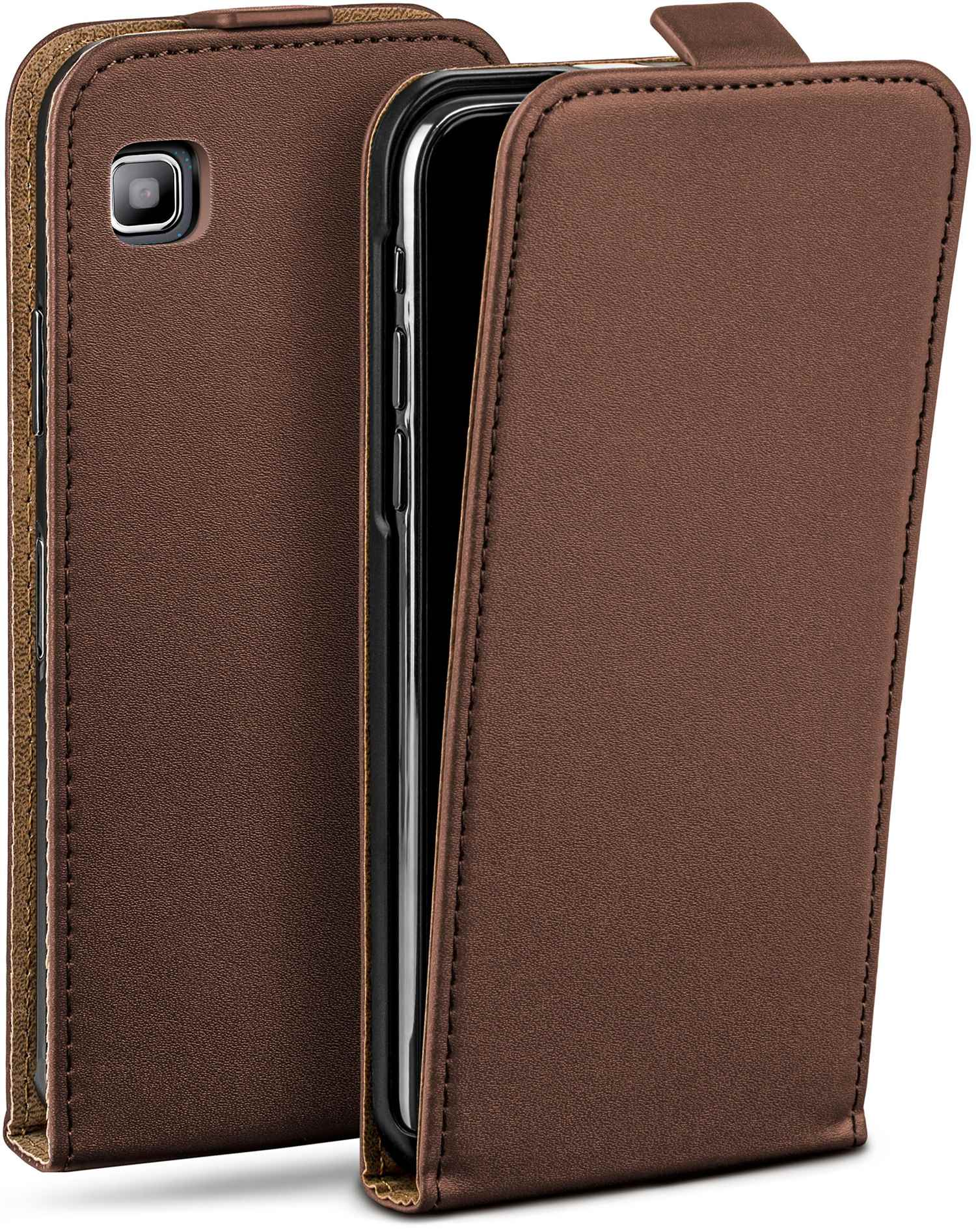 Braune Handyhülle mit geöffnetem Telefon. Es ist eine Hülle im Flip-Style.