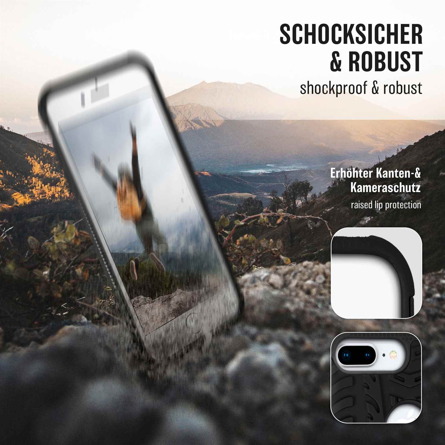 Telefon mit Hülle, Berglandschaft. Text: Stoßfest & Robust, erhöhter Kantenschutz.