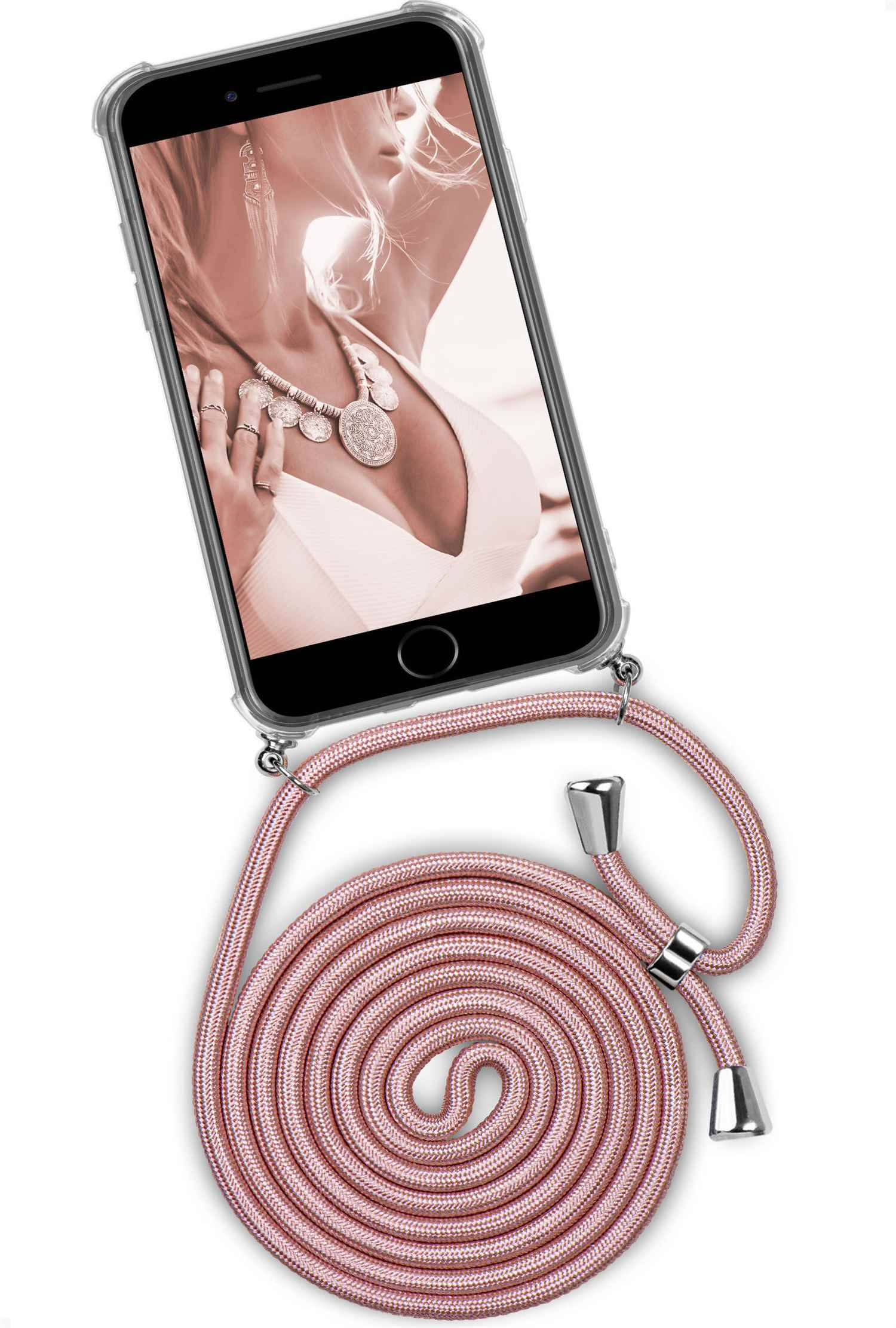 Telefon mit Frauenfoto. Rosa Seil. Frau in weißem Kleid, Halskette. Weißer Hintergrund.