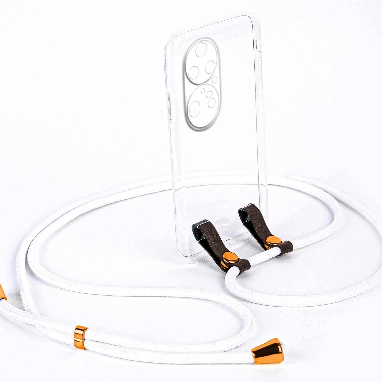 Transparente Handyhülle mit weißem Lanyard. Das Lanyard hat braune Lederakzente und goldfarbene Metalldetails.