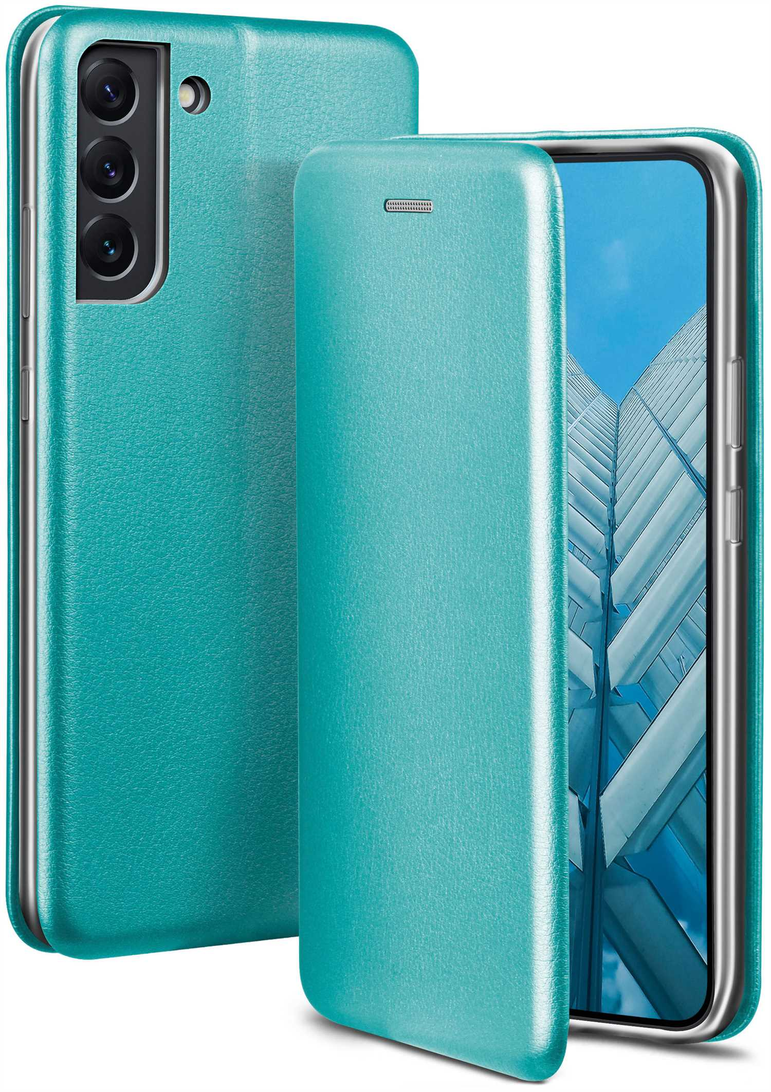 Handyhülle, türkis mit Abdeckung. Telefon ist sichtbar.
