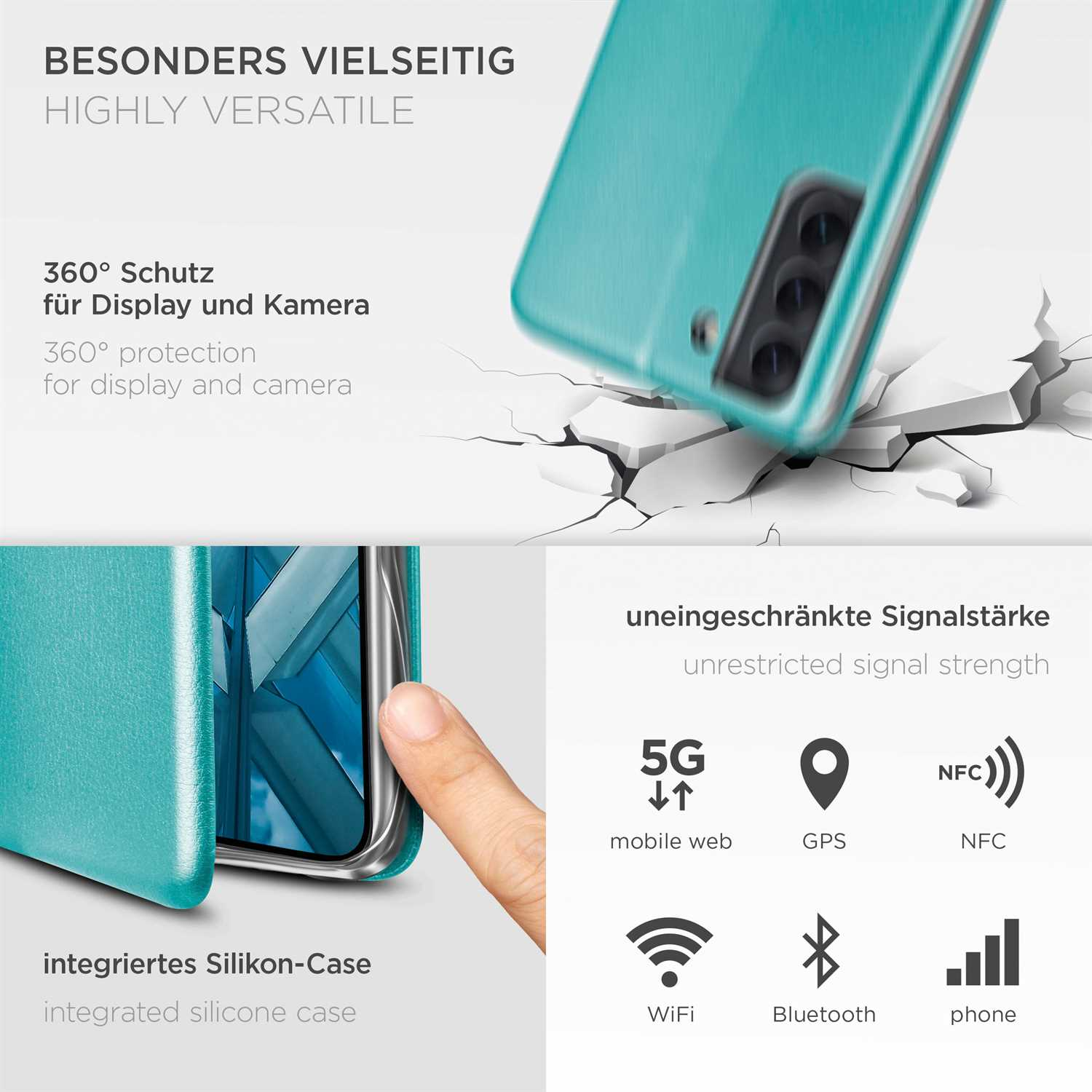 Türkisfarbene Handyhülle mit Technologiesymbolen. Text sagt 'sehr vielseitig', '360° Schutz' und 'uneingeschränkter Signal'.