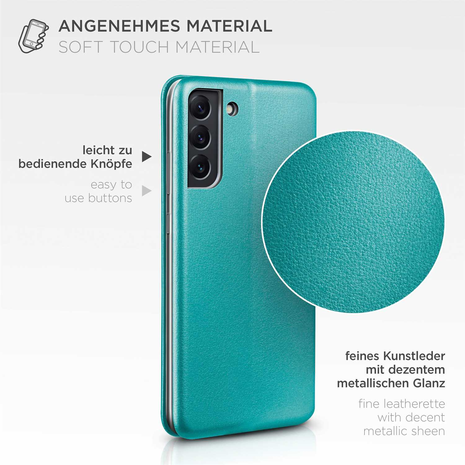 Türkisfarbenes Handycase mit Nahaufnahme der Textur.
