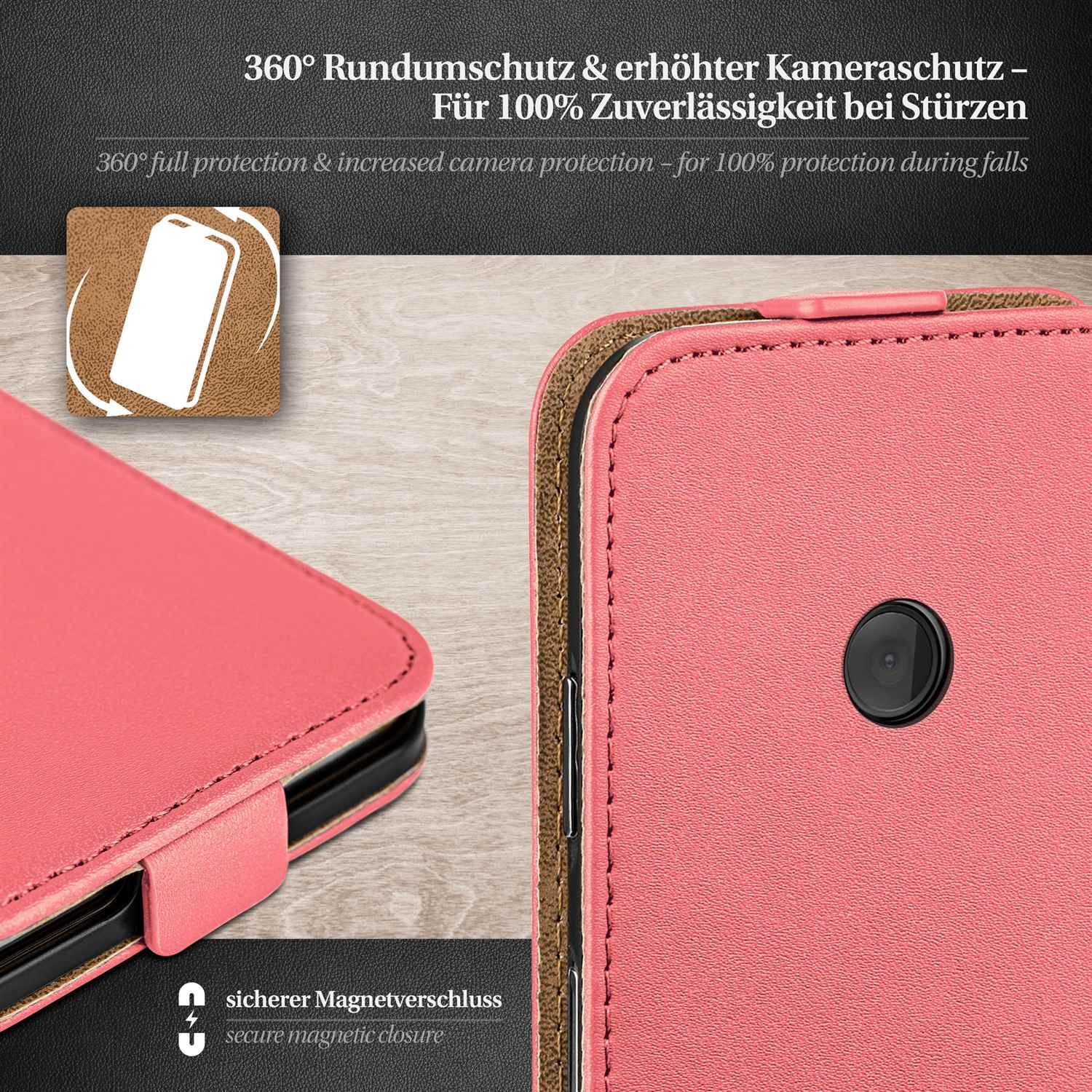 Nahaufnahme einer rosa Handyhülle mit Text über Schutzfunktionen.