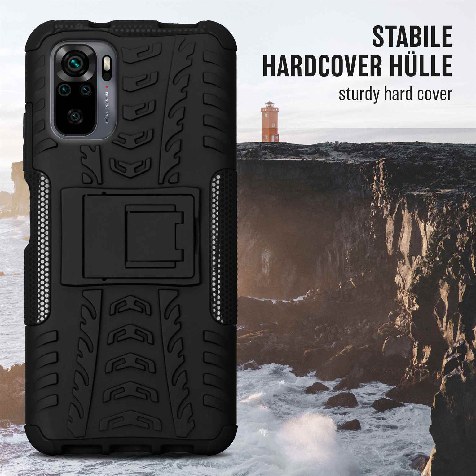 Schwarze Handyhülle mit Ständer, robustes Design. Hintergrund: Küstenlandschaft mit Leuchtturm.