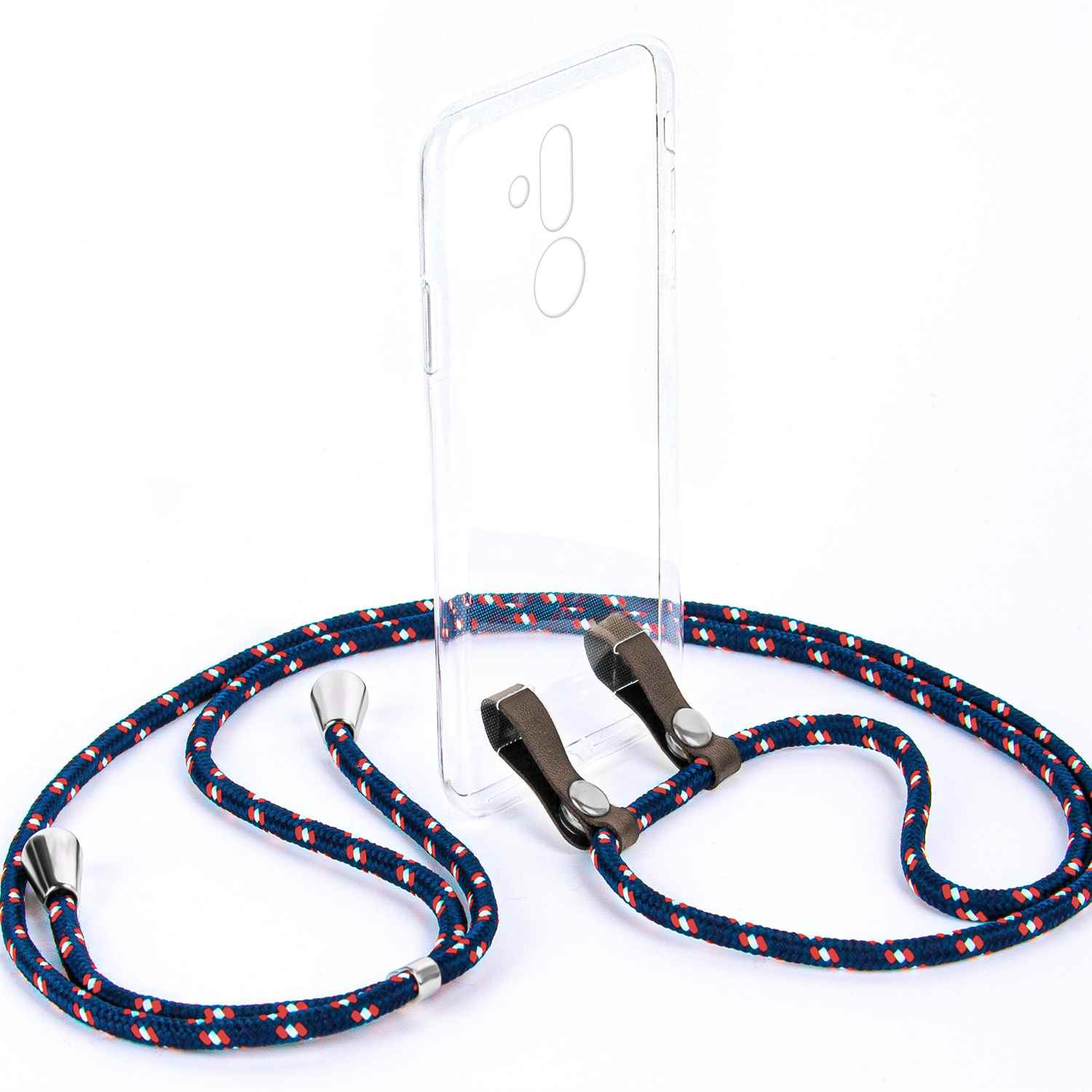 Ein Handy-Lanyard mit einem Muster aus Marineblau, Rot und Weiß. Silberne Metallenden und Aufsätze.
