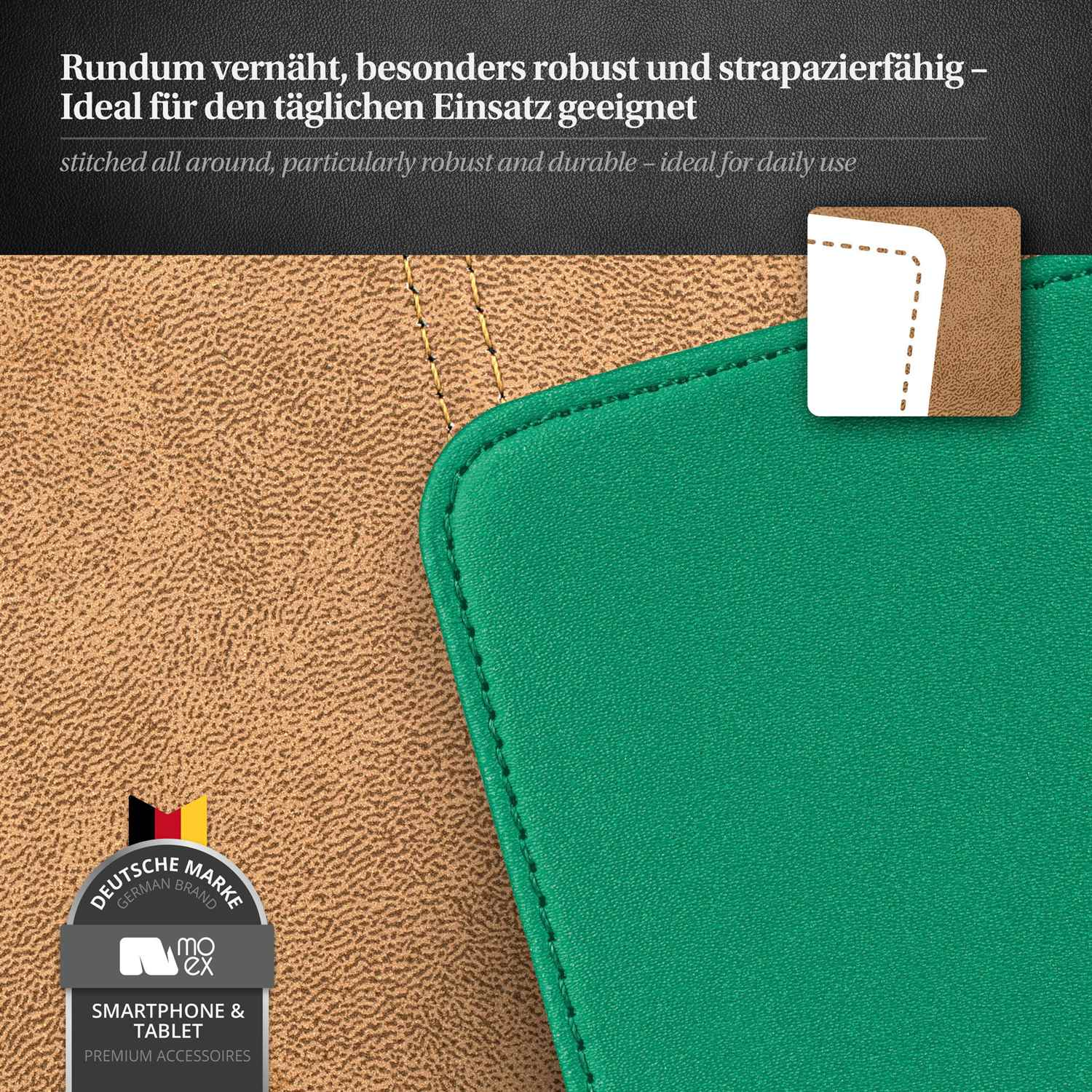 Braunes und grünes Detail der genähten Handyhülle. Grüner Innenraum, braune Außenseite. Deutsches Markenlogo.