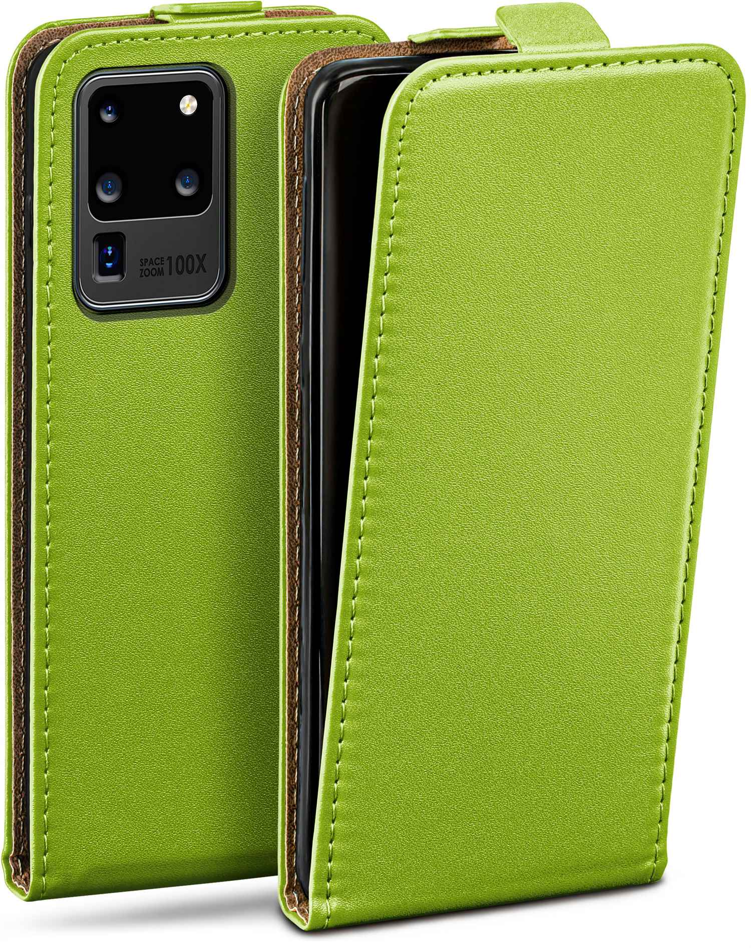 Grüne Handyhülle. Lederartige Textur mit braunem Rand. Telefon innen.