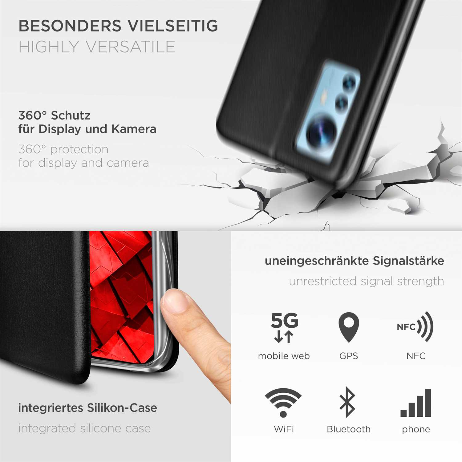 Handyhülle mit schwarzem Cover. Text: 360° Schutz, Silikonhülle, uneingeschränkte Signalstärke, 5G, GPS, NFC, WiFi, Telefon.