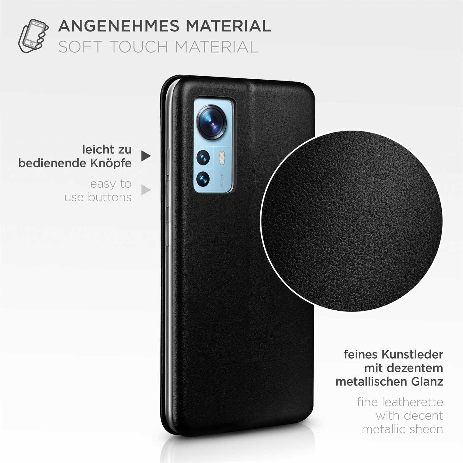 Schwarze Handyhülle mit Text. Der Text lautet: Soft-Touch-Material und feines Kunstleder.