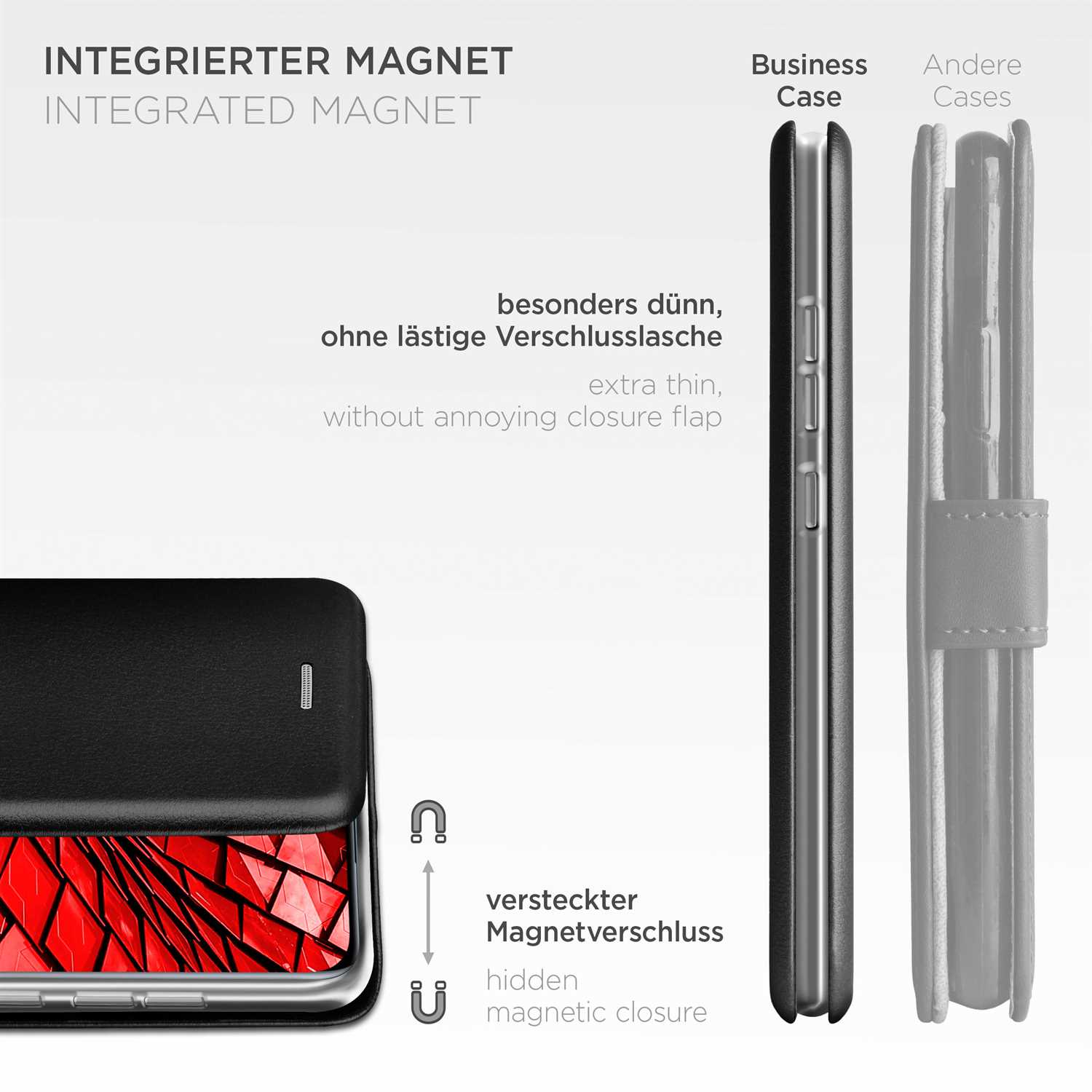 Handyhülle mit integriertem Magneten. Es ist extra dünn ohne störende Verschlusslasche.